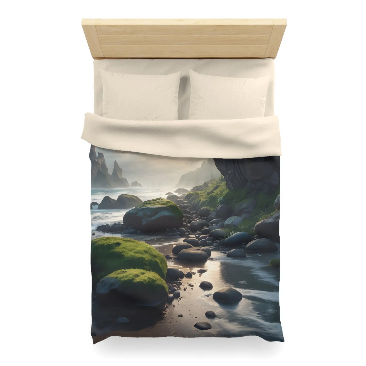 Coastal Serenity Mossy Rock Beach Microfiber Duvet Cover - Nature-Inspired Bedding for Tranquil Spaces - Home Decor