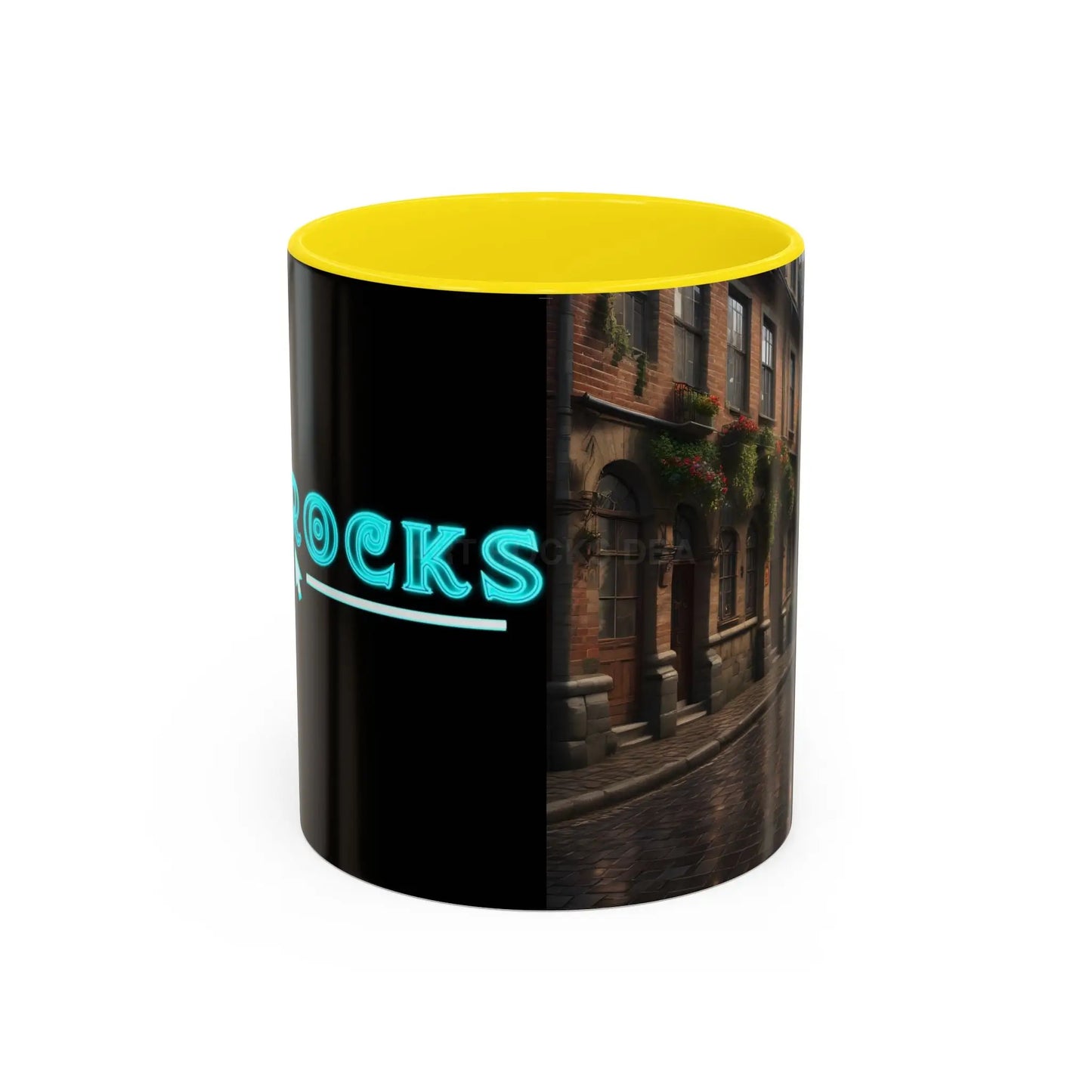 Cobblestone Rainy Street Accent Coffee Mug (11/15oz) — Cozy Evening Cityscape - 11oz / Yellow - Mug