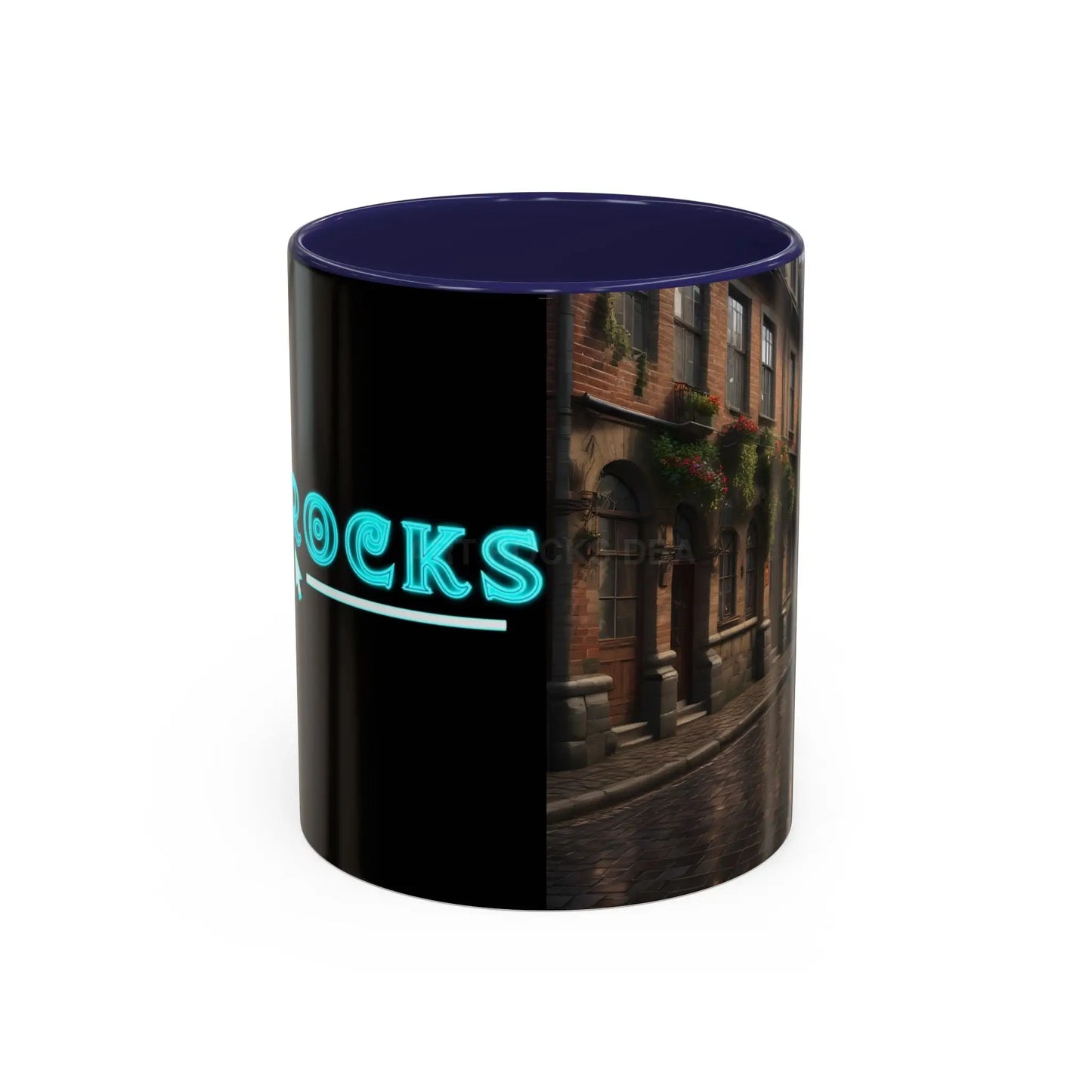 Cobblestone Rainy Street Accent Coffee Mug (11/15oz) — Cozy Evening Cityscape - 11oz / Navy - Mug