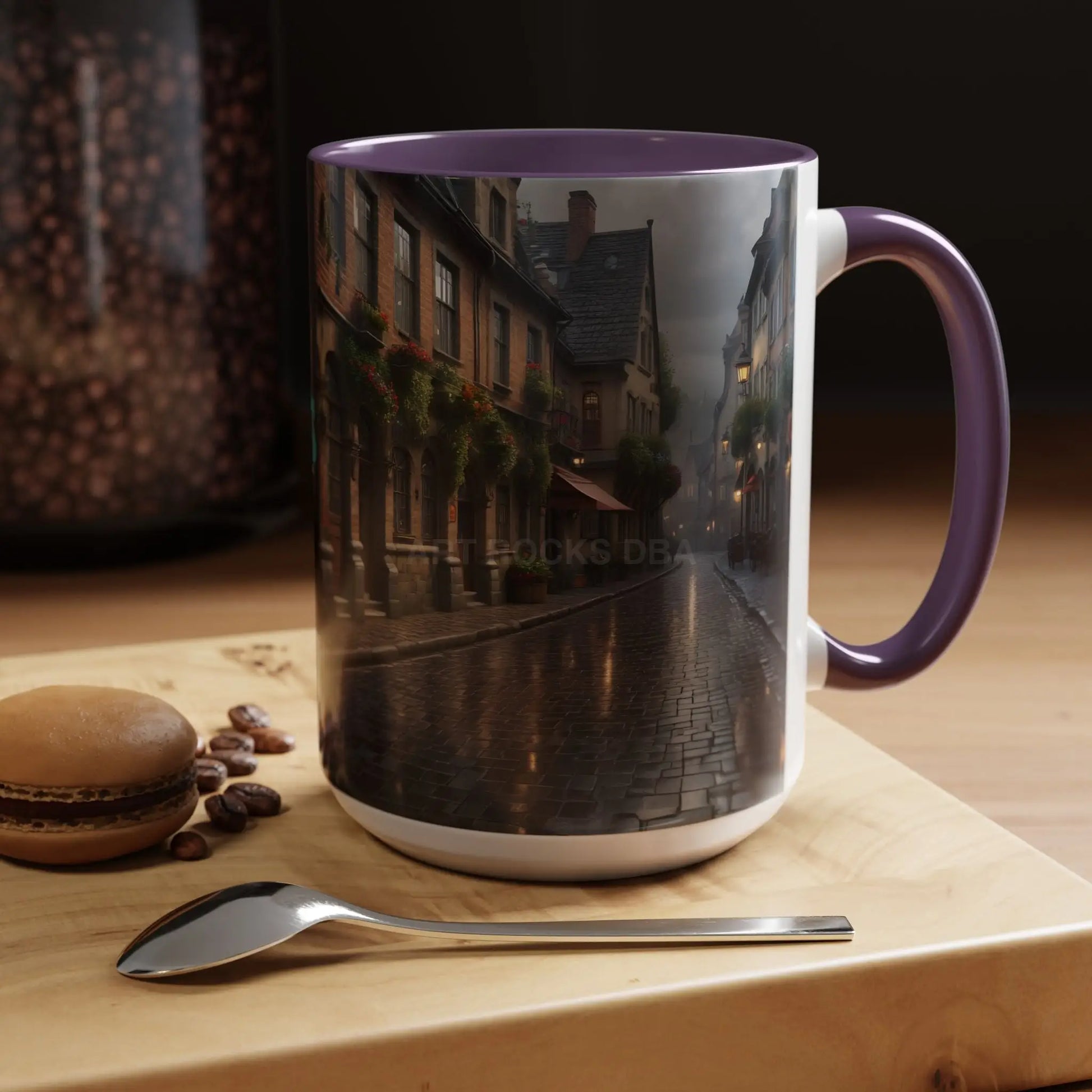 Cobblestone Rainy Street Accent Coffee Mug (11/15oz) — Cozy Evening Cityscape - Mug