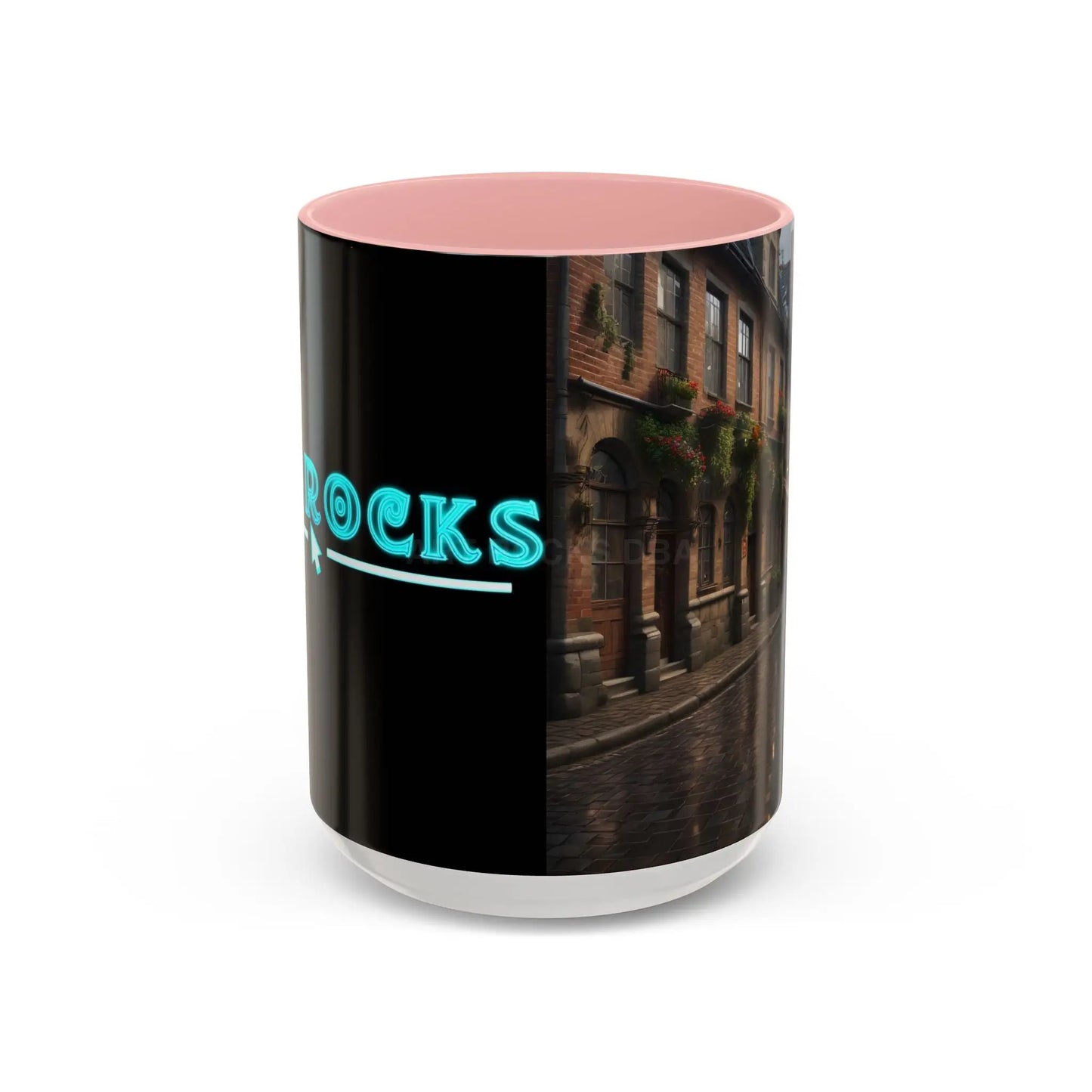 Cobblestone Rainy Street Accent Coffee Mug (11/15oz) — Cozy Evening Cityscape - 15oz / Pink - Mug