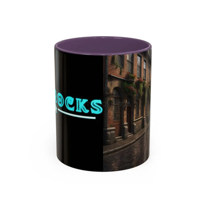 Cobblestone Rainy Street Accent Coffee Mug (11/15oz) — Cozy Evening Cityscape - 11oz / Purple - Mug