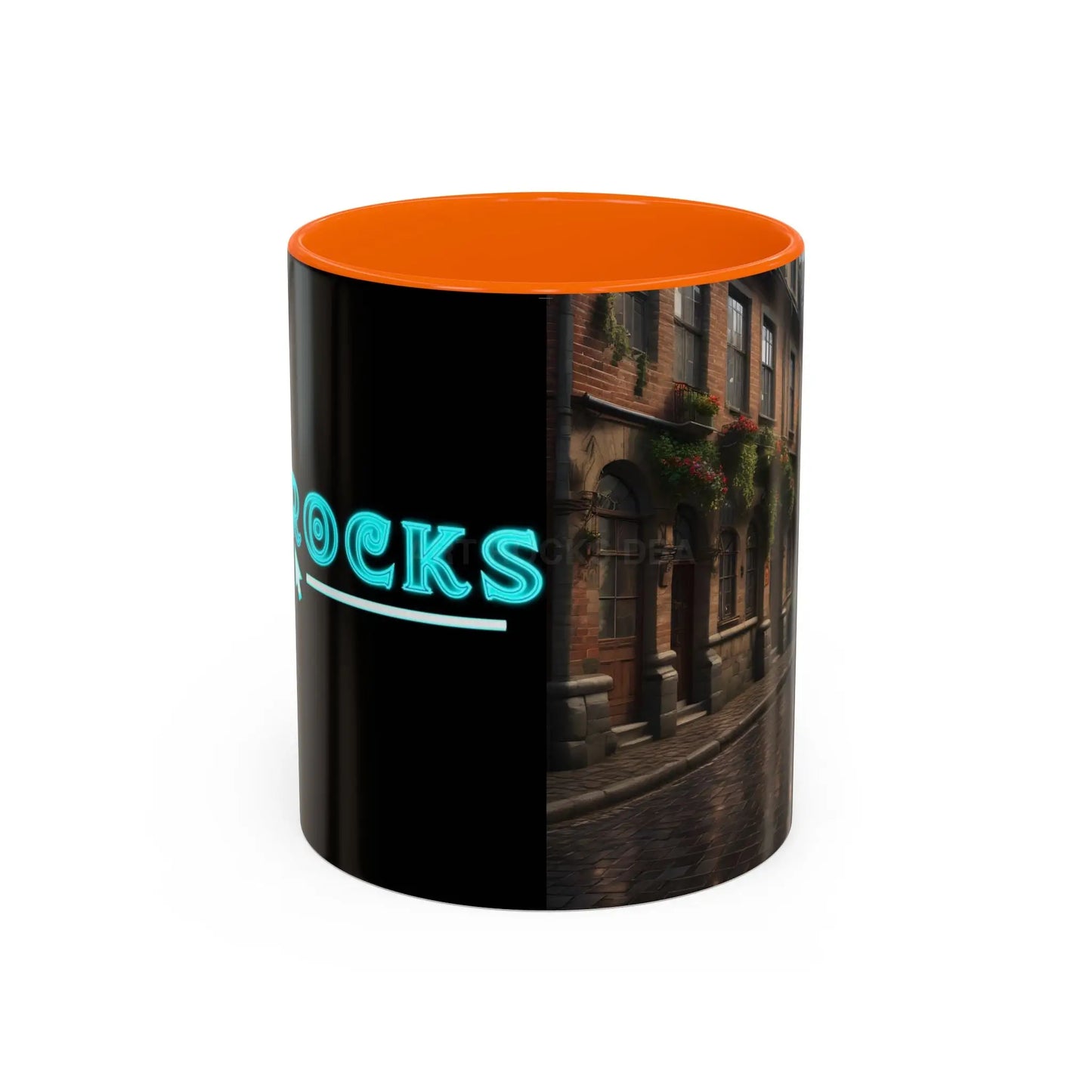 Cobblestone Rainy Street Accent Coffee Mug (11/15oz) — Cozy Evening Cityscape - 11oz / Orange - Mug
