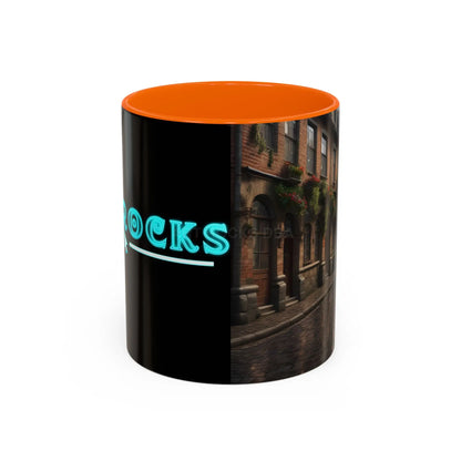Cobblestone Rainy Street Accent Coffee Mug (11/15oz) — Cozy Evening Cityscape - 11oz / Orange - Mug