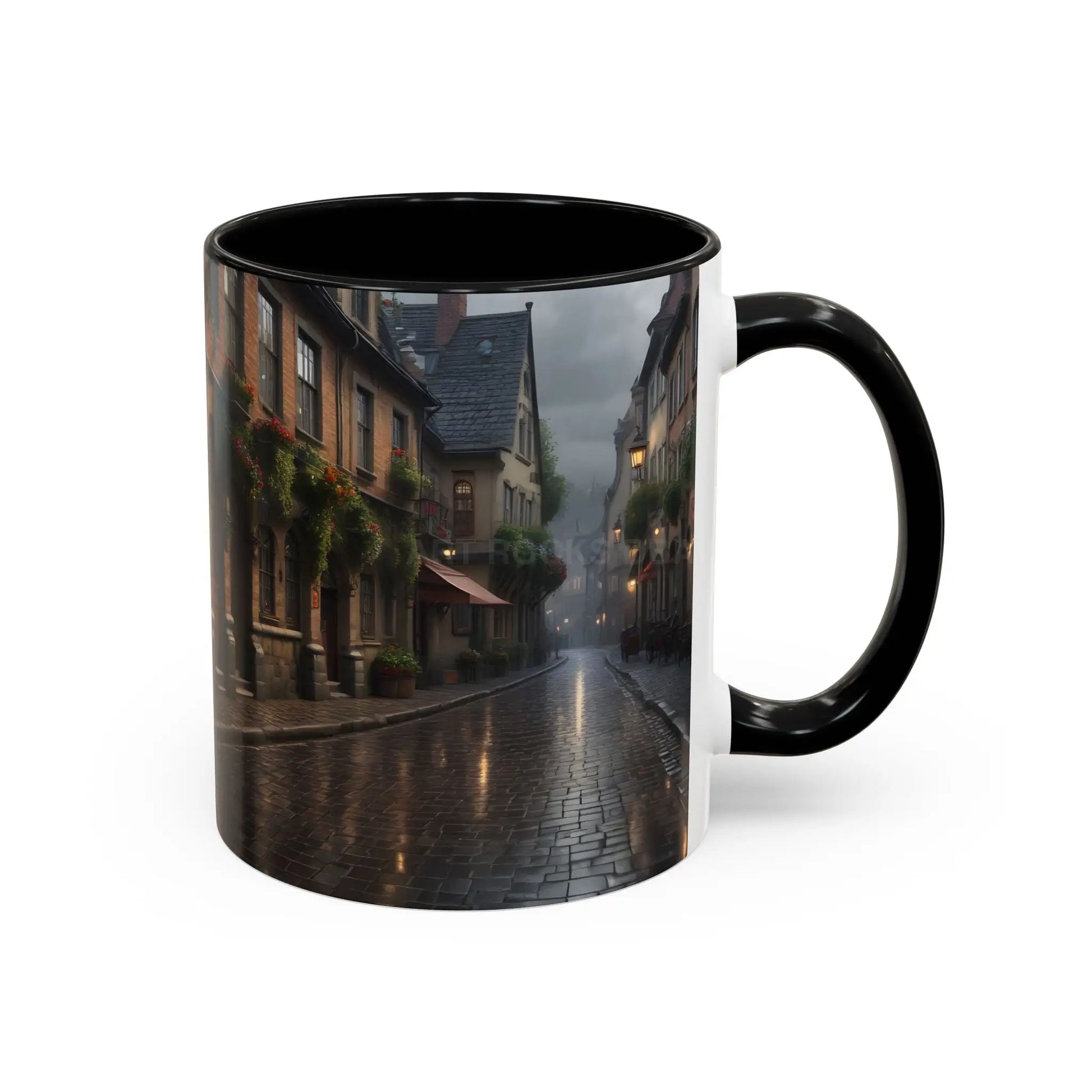 Cobblestone Rainy Street Accent Coffee Mug (11/15oz) — Cozy Evening Cityscape - Mug
