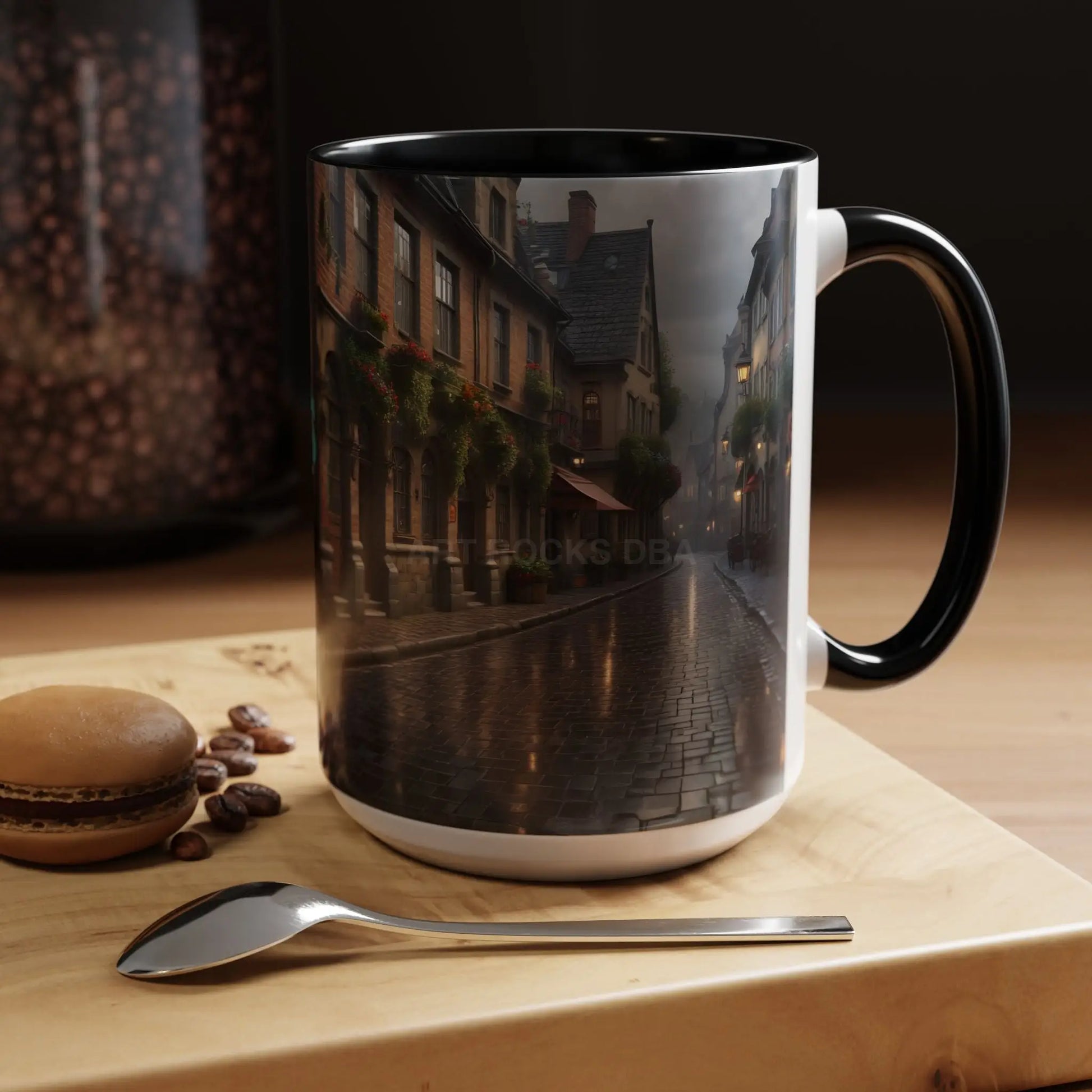 Cobblestone Rainy Street Accent Coffee Mug (11/15oz) — Cozy Evening Cityscape - Mug
