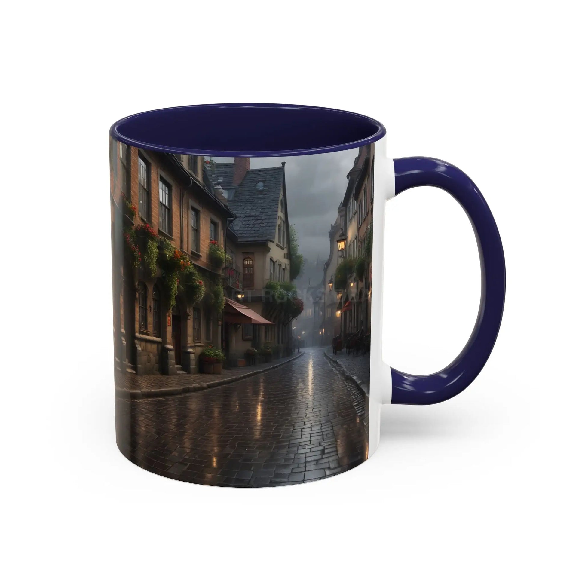 Cobblestone Rainy Street Accent Coffee Mug (11/15oz) — Cozy Evening Cityscape - Mug