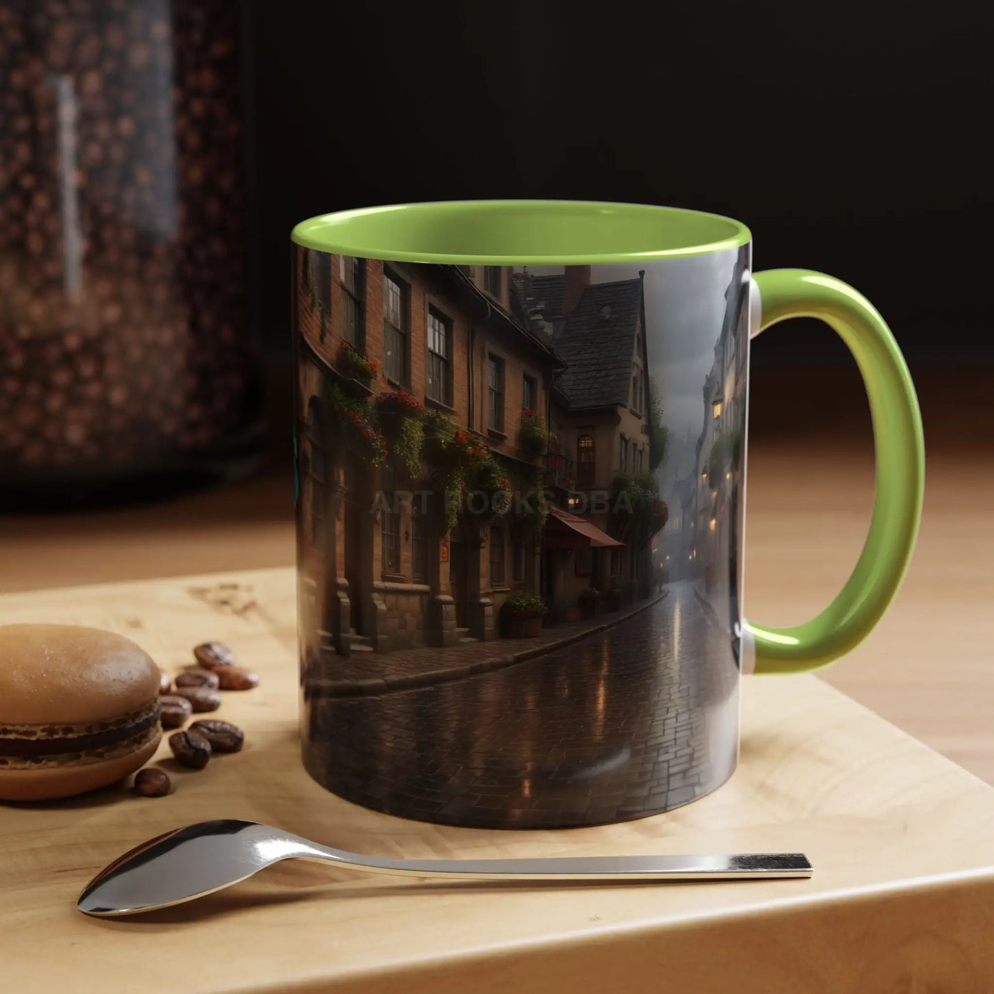 Cobblestone Rainy Street Accent Coffee Mug (11/15oz) — Cozy Evening Cityscape - Mug