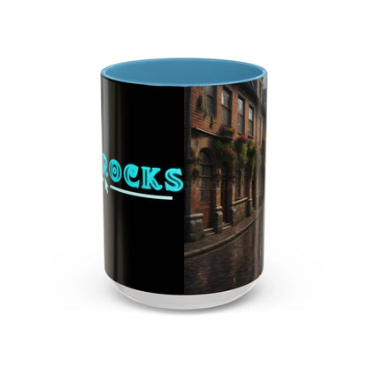 Cobblestone Rainy Street Accent Coffee Mug (11/15oz) — Cozy Evening Cityscape - 15oz / Light Blue - Mug