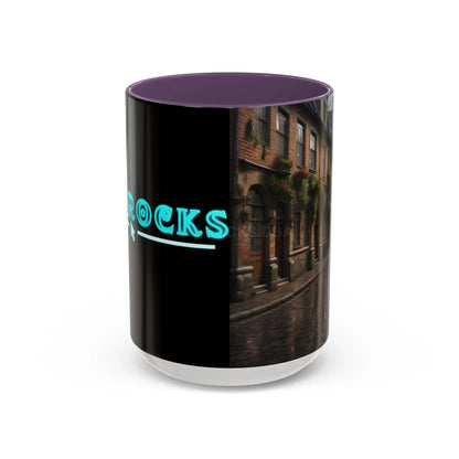 Cobblestone Rainy Street Accent Coffee Mug (11/15oz) — Cozy Evening Cityscape - 15oz / Purple - Mug