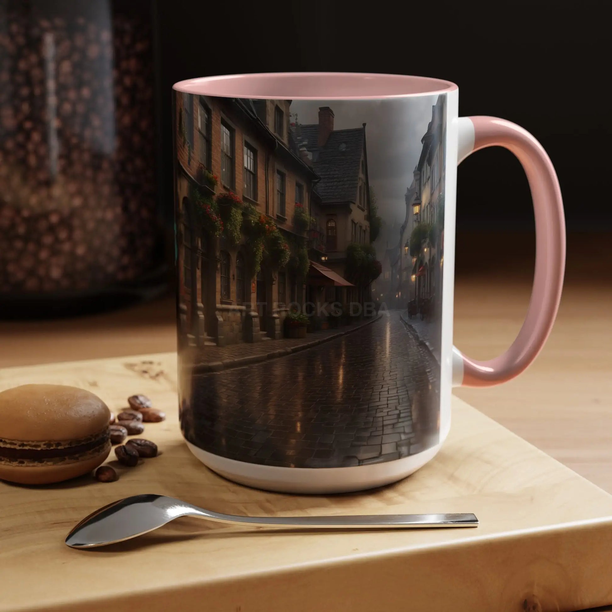 Cobblestone Rainy Street Accent Coffee Mug (11/15oz) — Cozy Evening Cityscape - Mug
