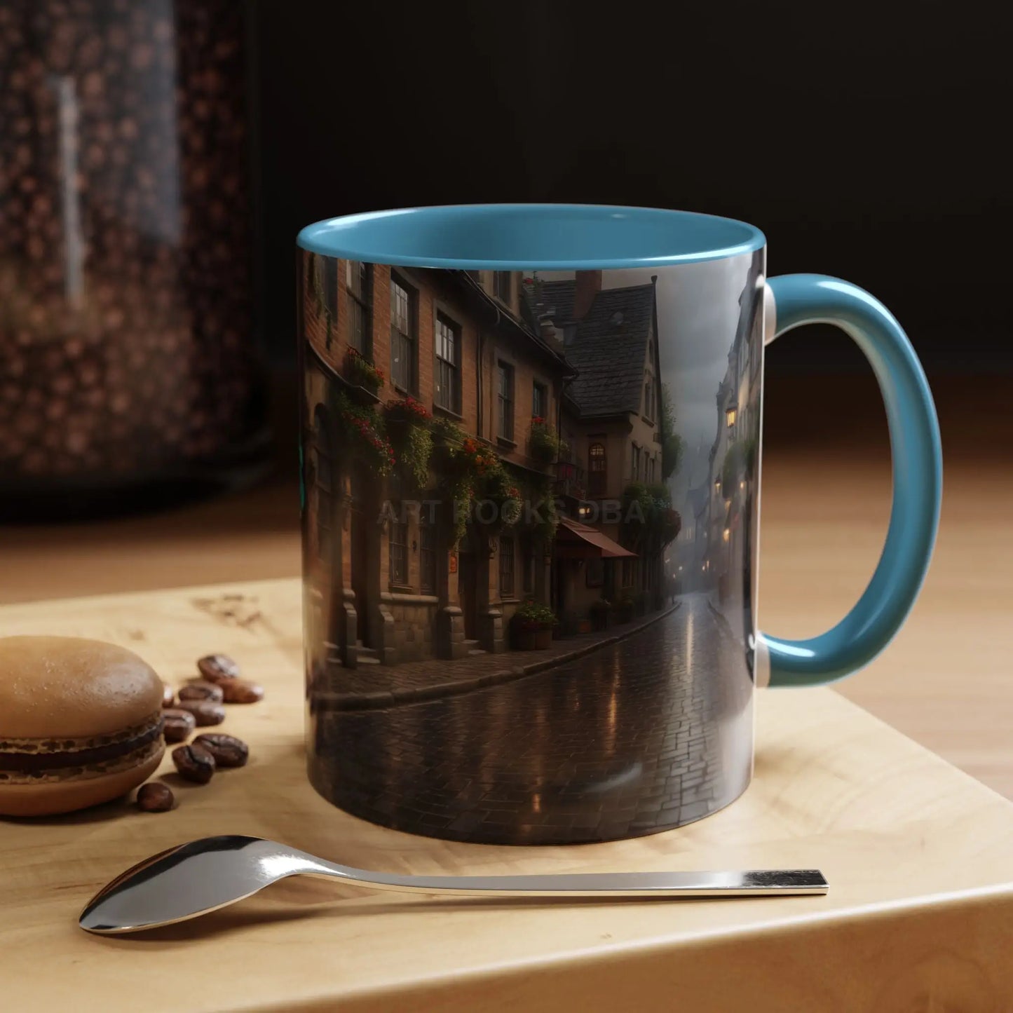 Cobblestone Rainy Street Accent Coffee Mug (11/15oz) — Cozy Evening Cityscape - Mug