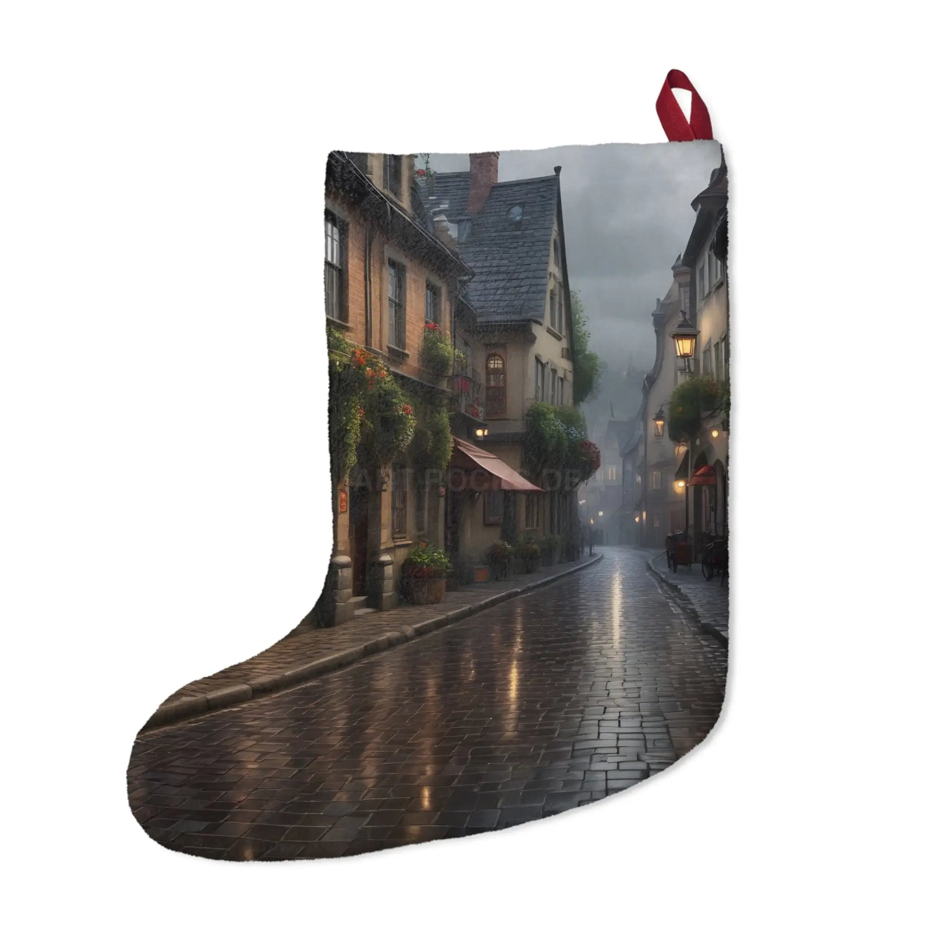 Cobblestone Street Christmas Stocking - Cozy European Village Holiday Decor - One size - Home Decor