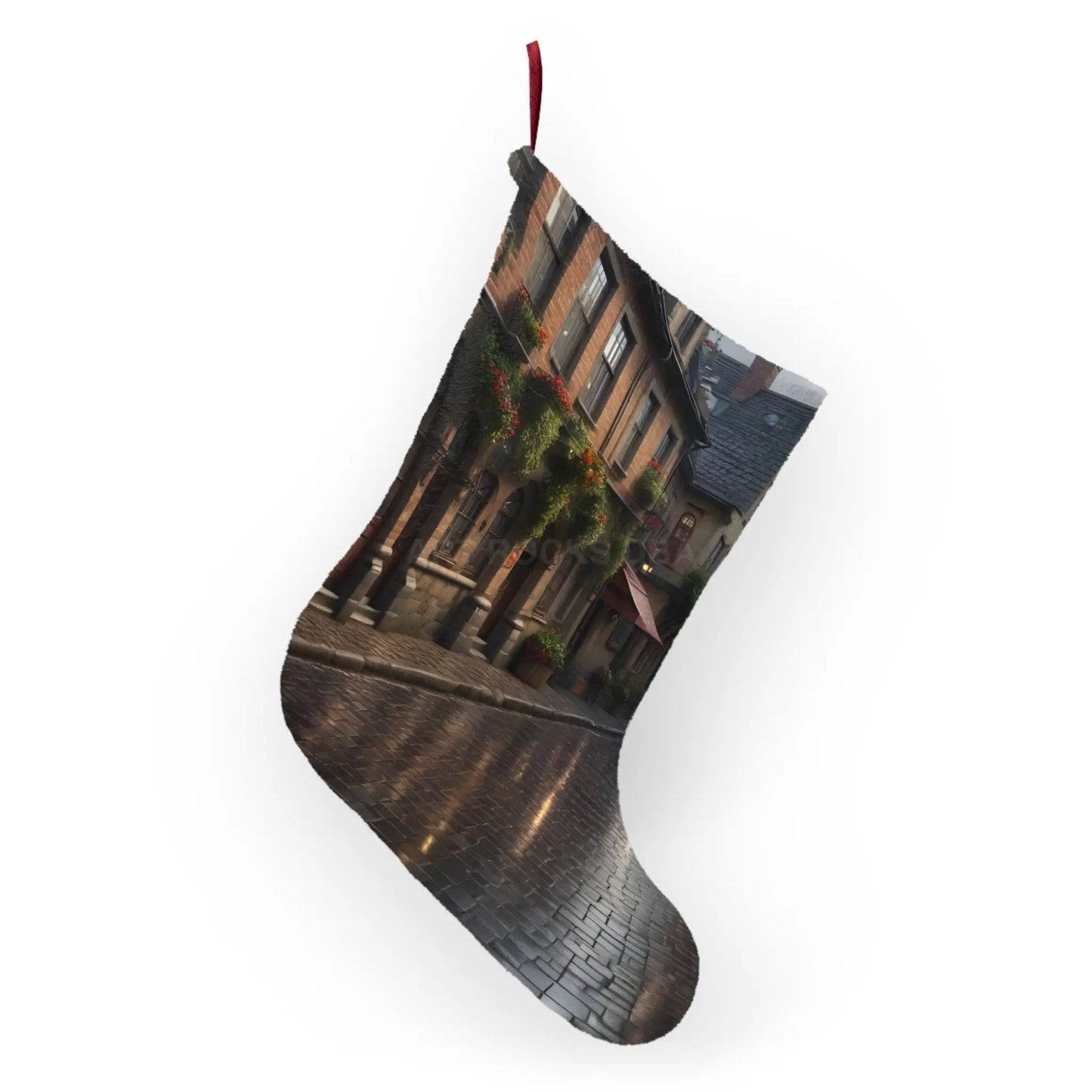 Cobblestone Street Christmas Stocking - Cozy European Village Holiday Decor - One size - Home Decor