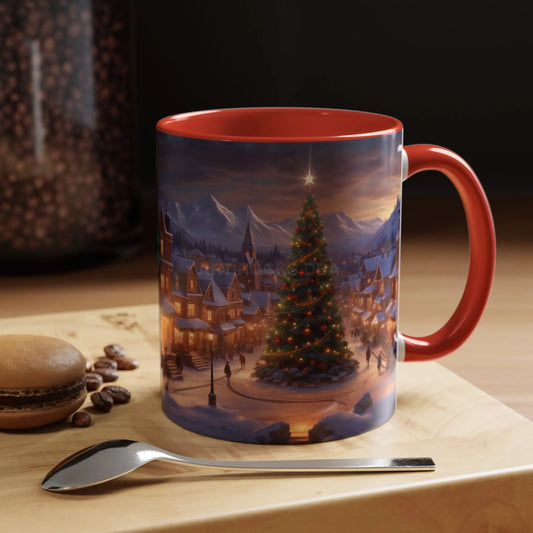 Coffee Mug — Cozy Christmas Village Holiday Scene (Accent 11/15oz) - 11oz / Red - Mug