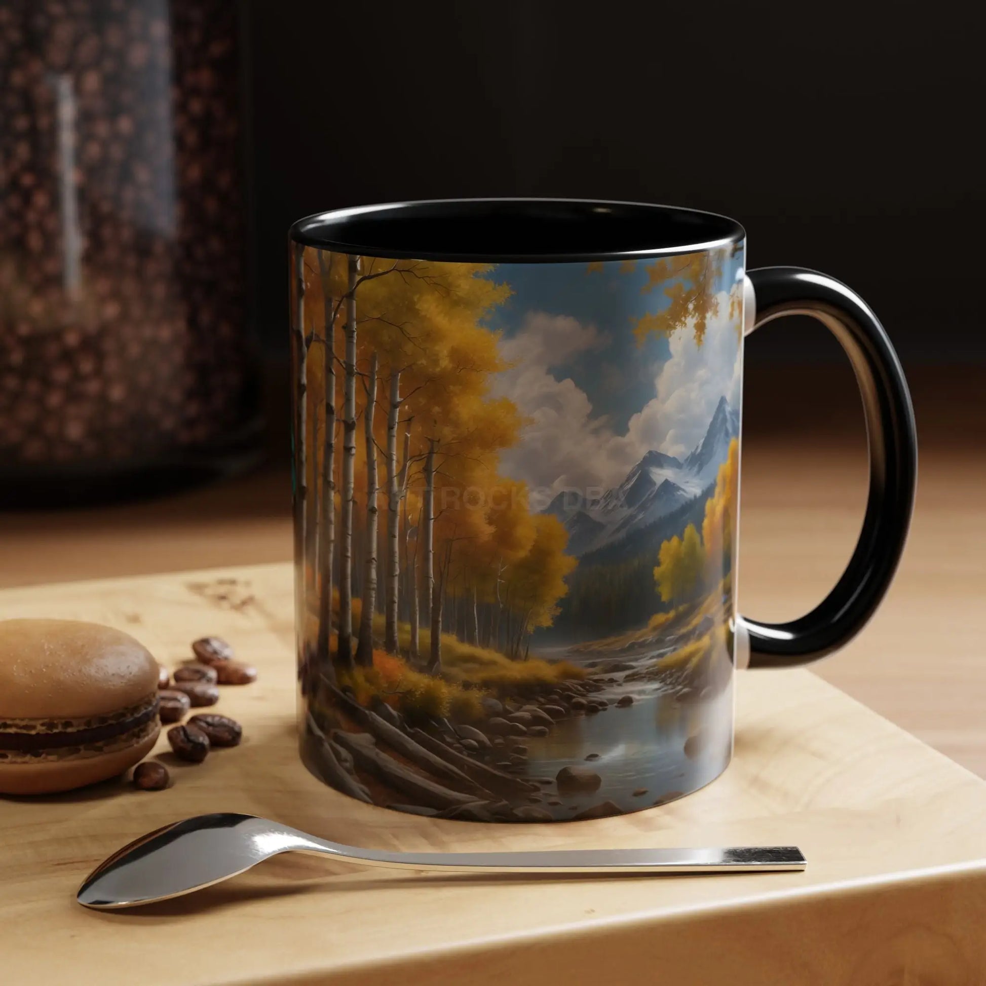 Coffee Mug — Mountain River with Aspen Trees Accent (11/15 oz) - 11oz / Black - Mug