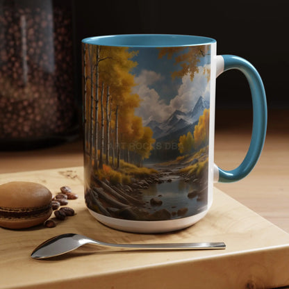 Coffee Mug — Mountain River with Aspen Trees Accent (11/15 oz) - Mug