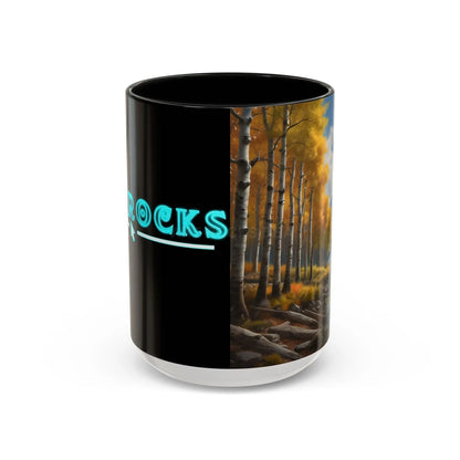 Coffee Mug — Mountain River with Aspen Trees Accent (11/15 oz) - 15oz / Black - Mug
