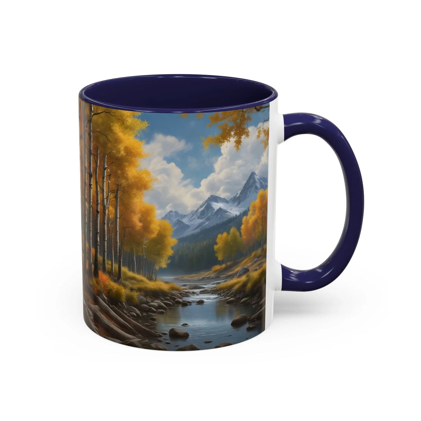 Coffee Mug — Mountain River with Aspen Trees Accent (11/15 oz) - Mug
