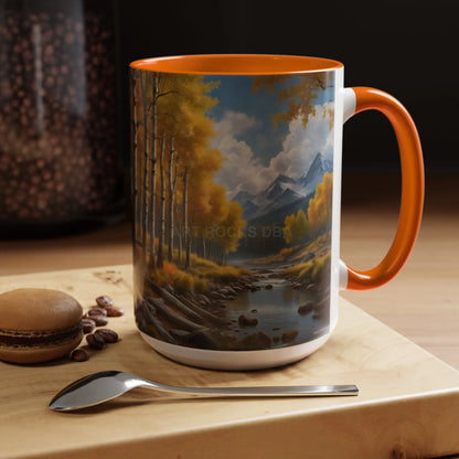 Coffee Mug — Mountain River with Aspen Trees Accent (11/15 oz) - Mug