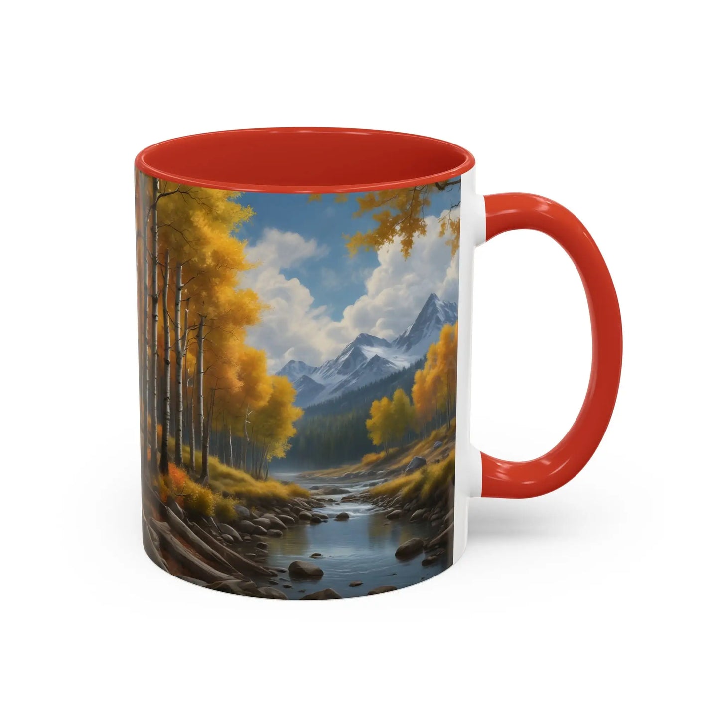 Coffee Mug — Mountain River with Aspen Trees Accent (11/15 oz) - Mug