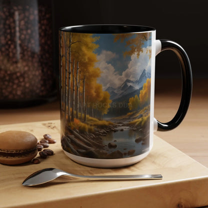 Coffee Mug — Mountain River with Aspen Trees Accent (11/15 oz) - Mug