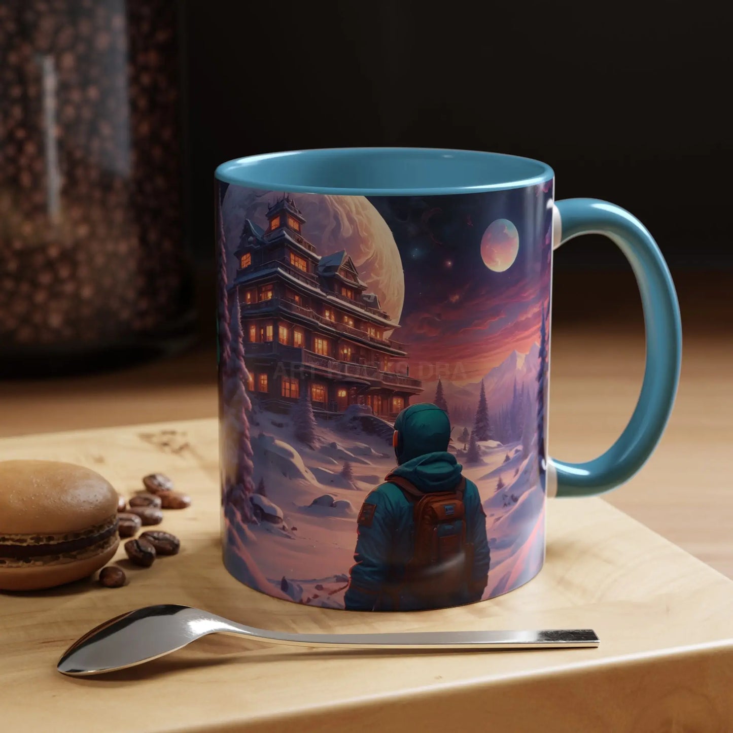 Coffee Mug — Winter Space Traveling with Backpacker (Accent 11/15oz) - 11oz / Light Blue - Mug
