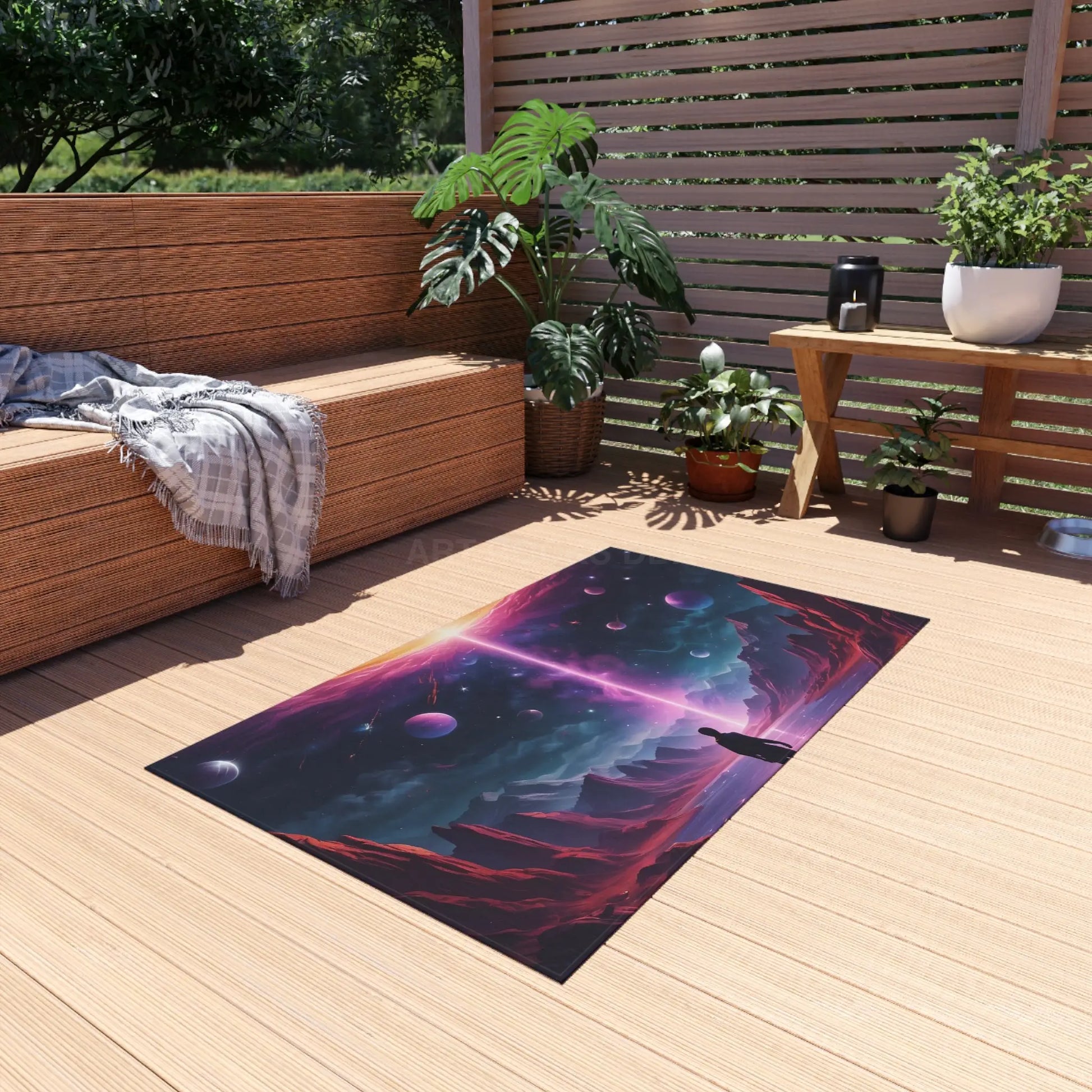 Cosmic Fantasy Outdoor Rug Vibrant Patio Mat Sci-Fi Decor for Gardens Unique Camping Accessory Space Art Home Decor