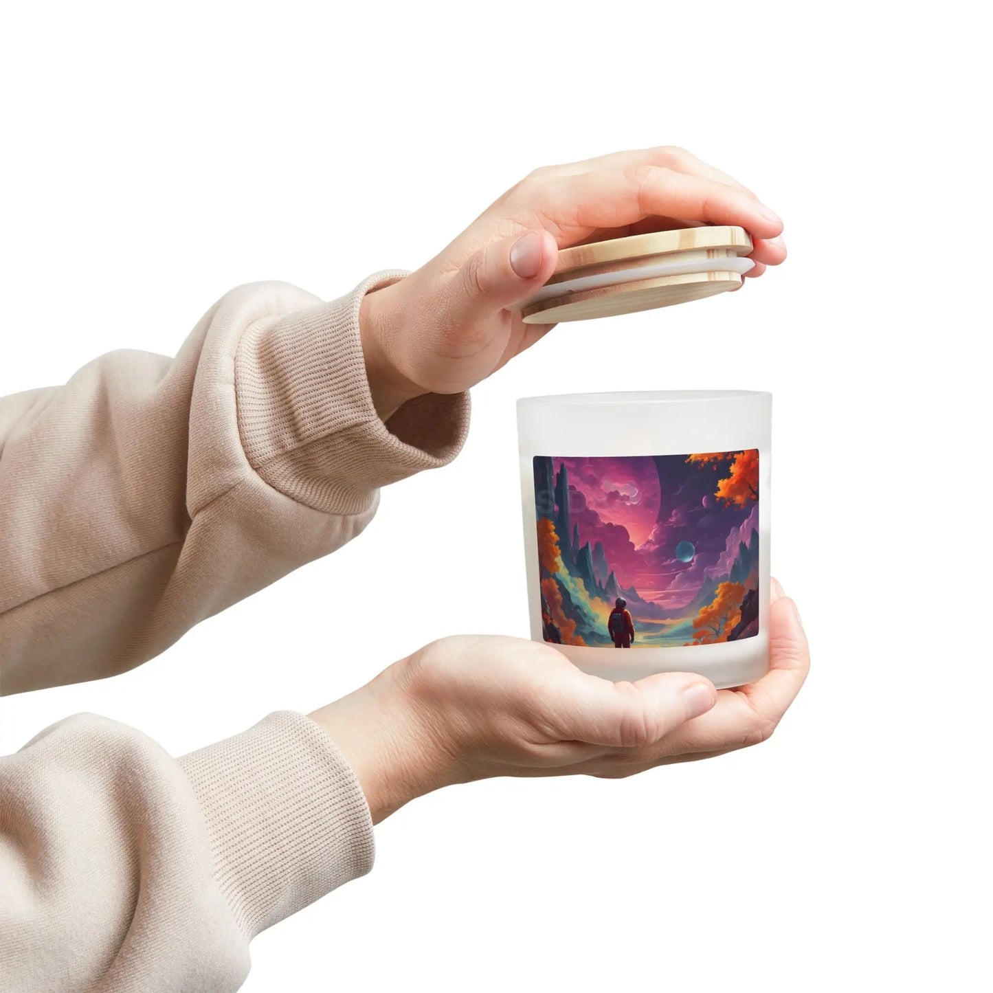 Cosmic Journey Candle — 11oz Frosted Glass Candle with Surreal Planet Landscape - Home Decor