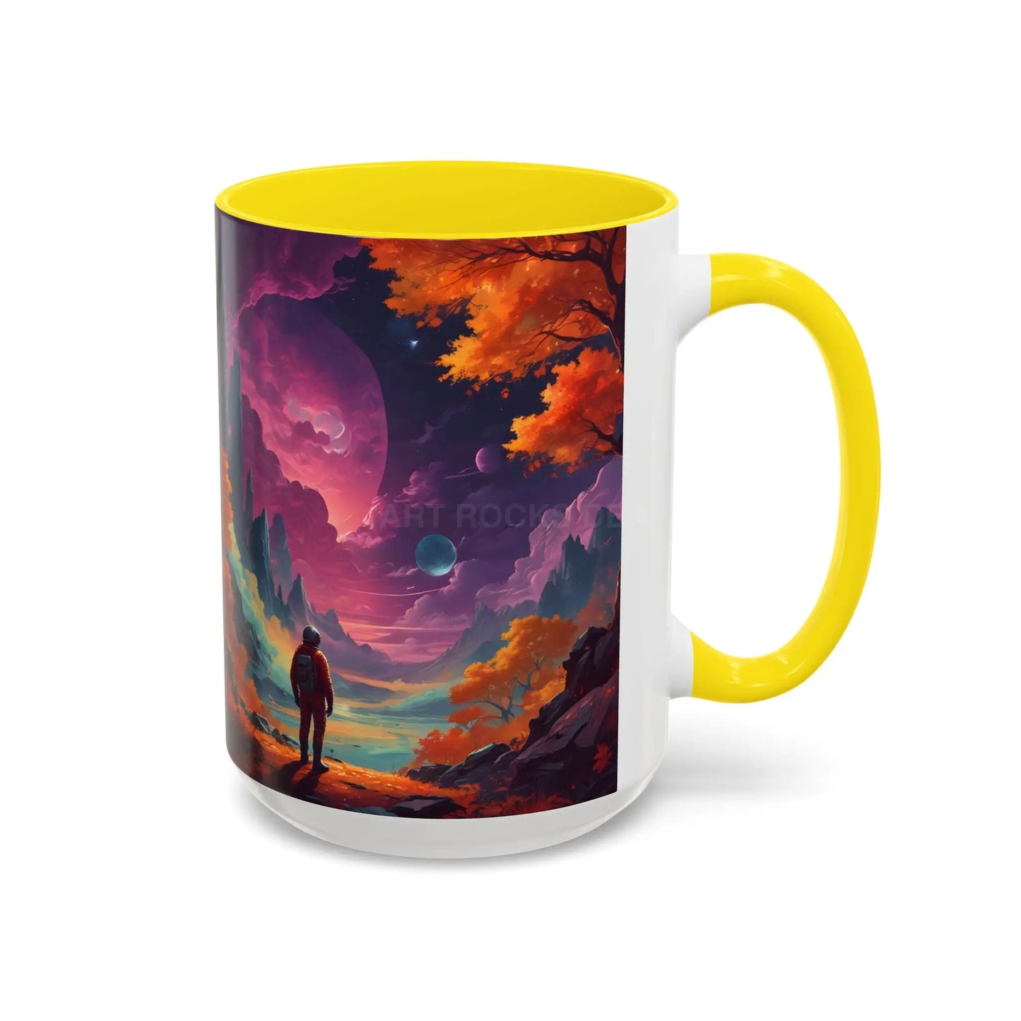 Cosmic Journey Coffee Mug — Surreal Space Landscape Accent Mug (11/15oz) - 15oz / Yellow - Mug