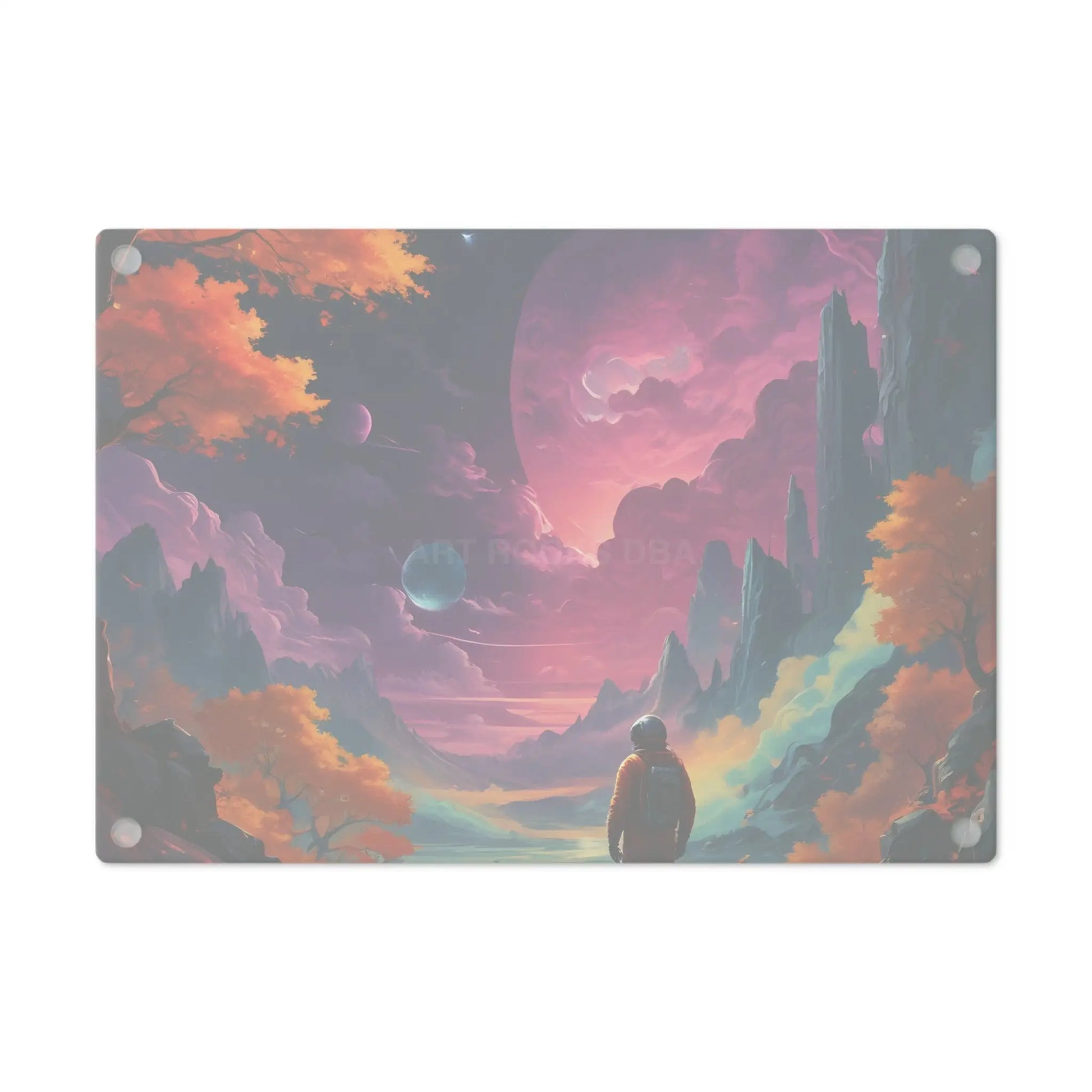 Cosmic Journey Cutting Board — Vibrant Astronaut Landscape Kitchen Board - Home Decor