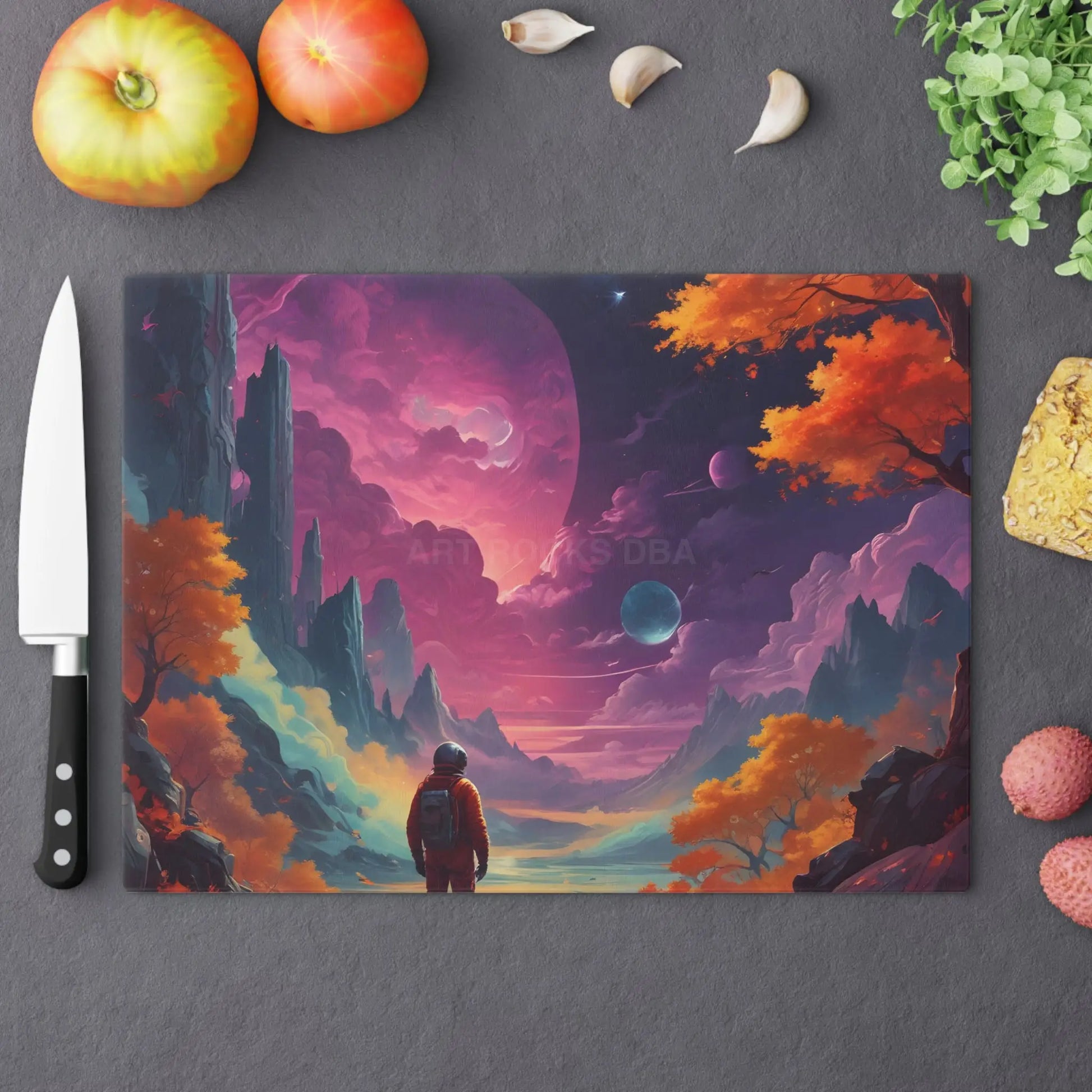 Cosmic Journey Cutting Board — Vibrant Astronaut Landscape Kitchen Board - Large - Home Decor