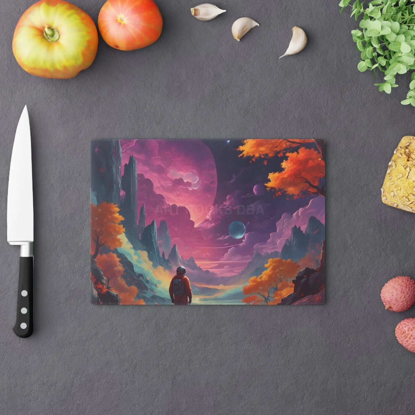 Cosmic Journey Cutting Board — Vibrant Astronaut Landscape Kitchen Board - Home Decor