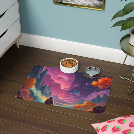 Cosmic Psychedelic Space Explorer Pet Food Mat (12x18) — Galaxy Adventure Non‑Slip Pet Placemat - 12’’ × 18’’