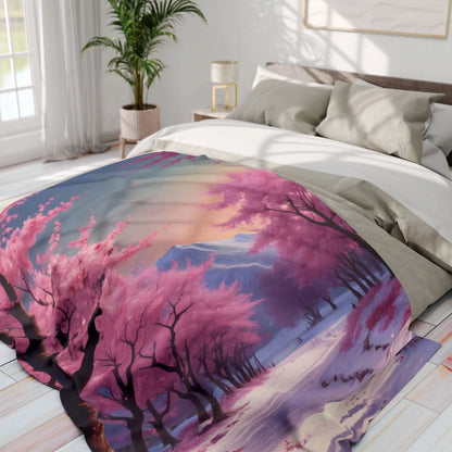 Cozy Arctic Fleece Blanket - Pink Cherry Blossom Scene Soft Throw for Home Gift for Nature Lovers Winter Decor Cozy