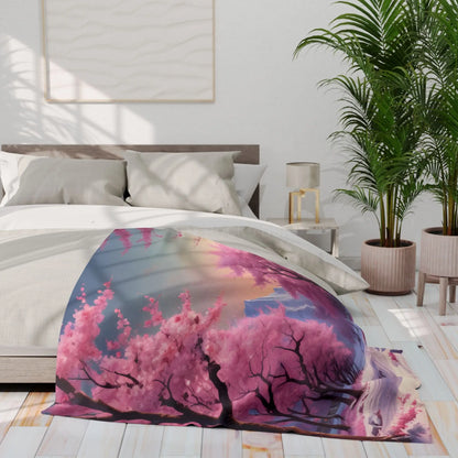 Cozy Arctic Fleece Blanket - Pink Cherry Blossom Scene Soft Throw for Home Gift for Nature Lovers Winter Decor Cozy
