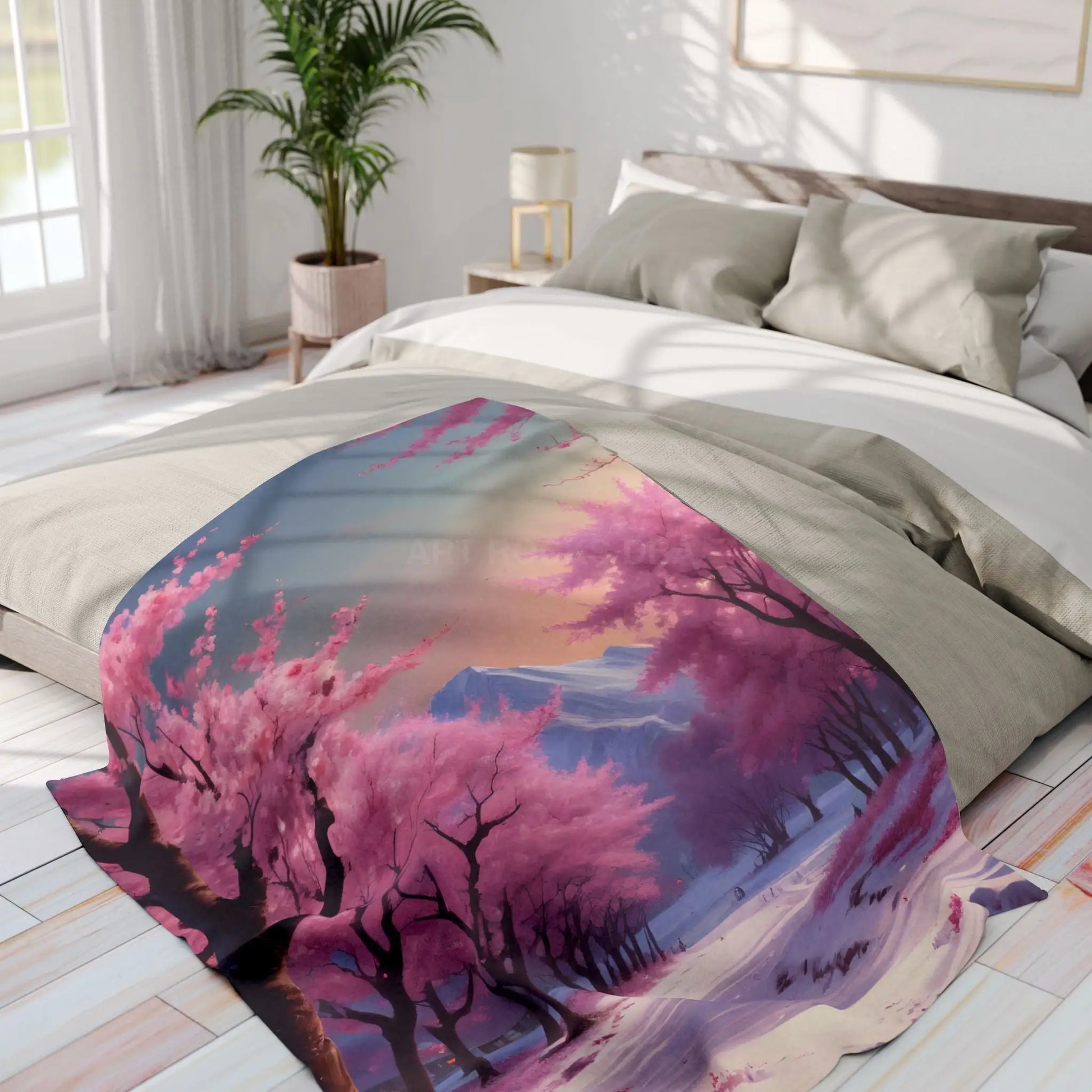 Cozy Arctic Fleece Blanket - Pink Cherry Blossom Scene Soft Throw for Home Gift for Nature Lovers Winter Decor Cozy