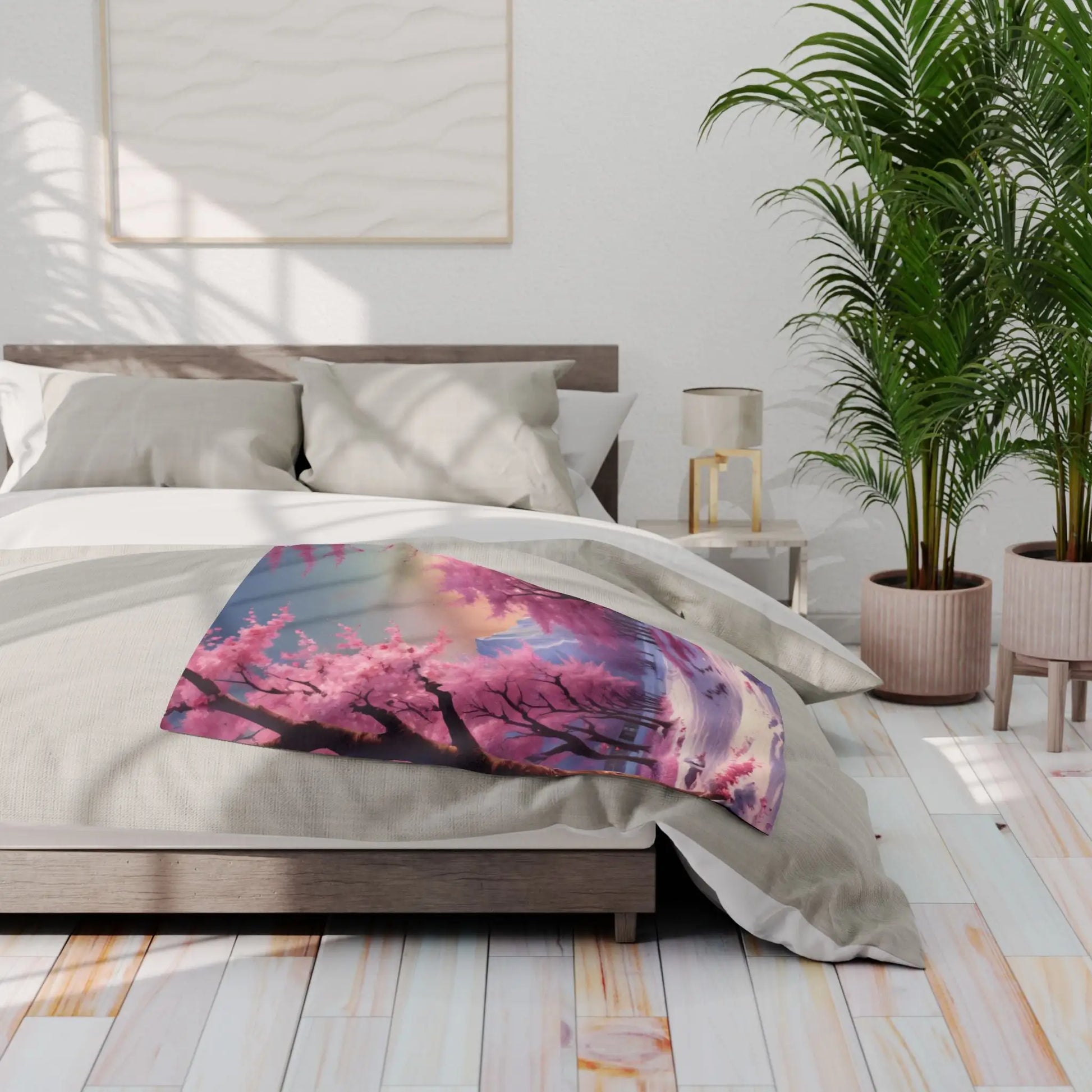 Cozy Arctic Fleece Blanket - Pink Cherry Blossom Scene Soft Throw for Home Gift for Nature Lovers Winter Decor Cozy
