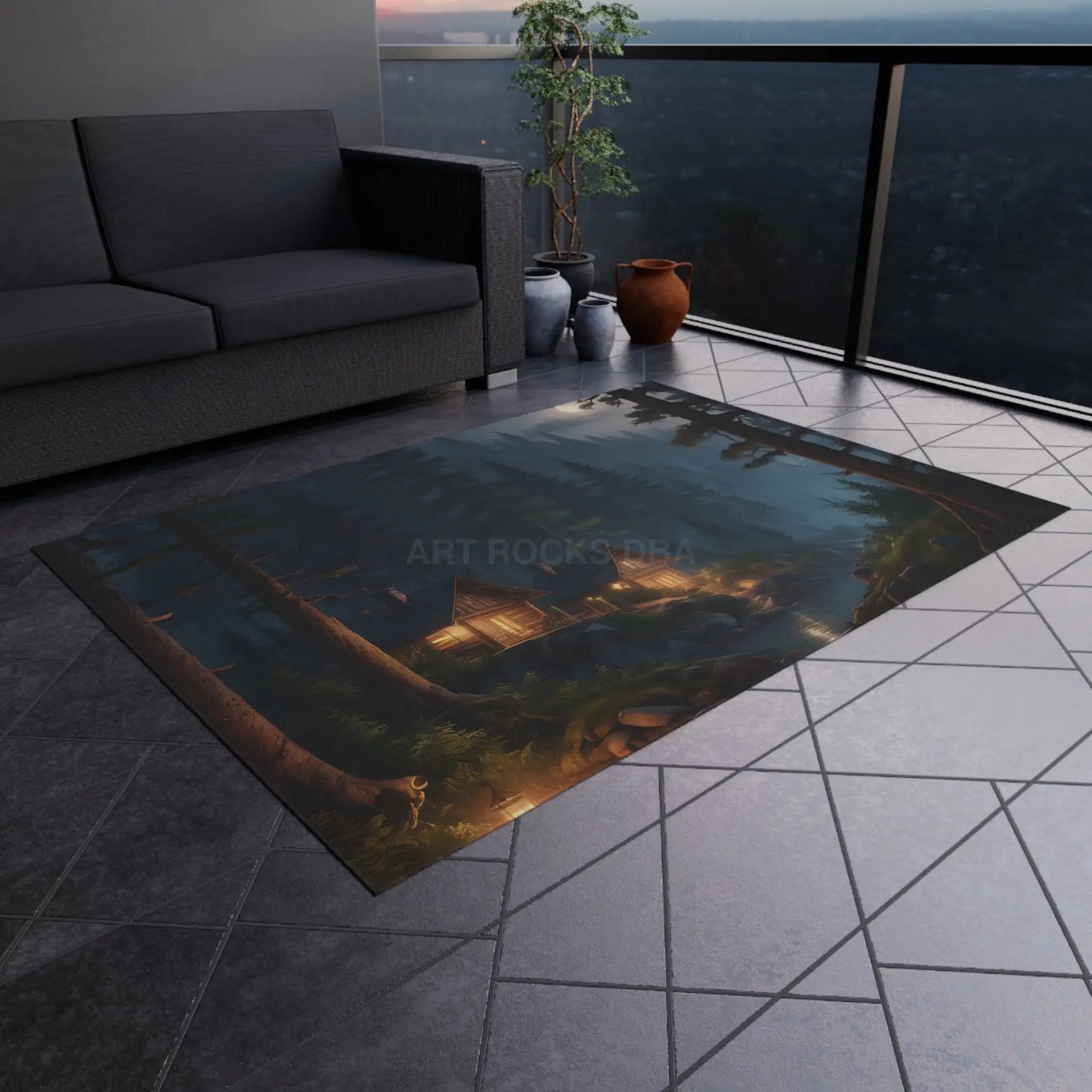 Cozy Cabin At Night Outdoor Rug Camping Decor Nature Inspired Mat Home Patio Accessory Rustic Outdoor Living - 60’’ ×