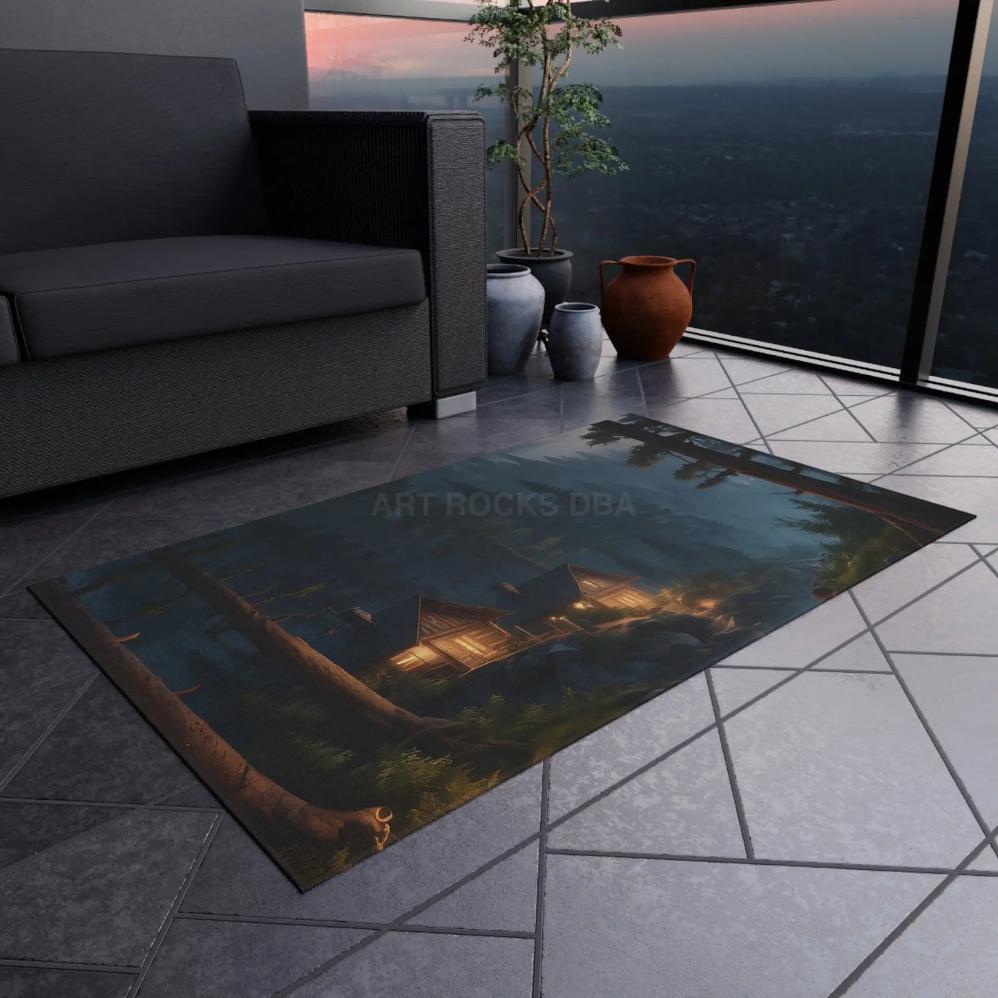 Cozy Cabin At Night Outdoor Rug Camping Decor Nature Inspired Mat Home Patio Accessory Rustic Outdoor Living - Home