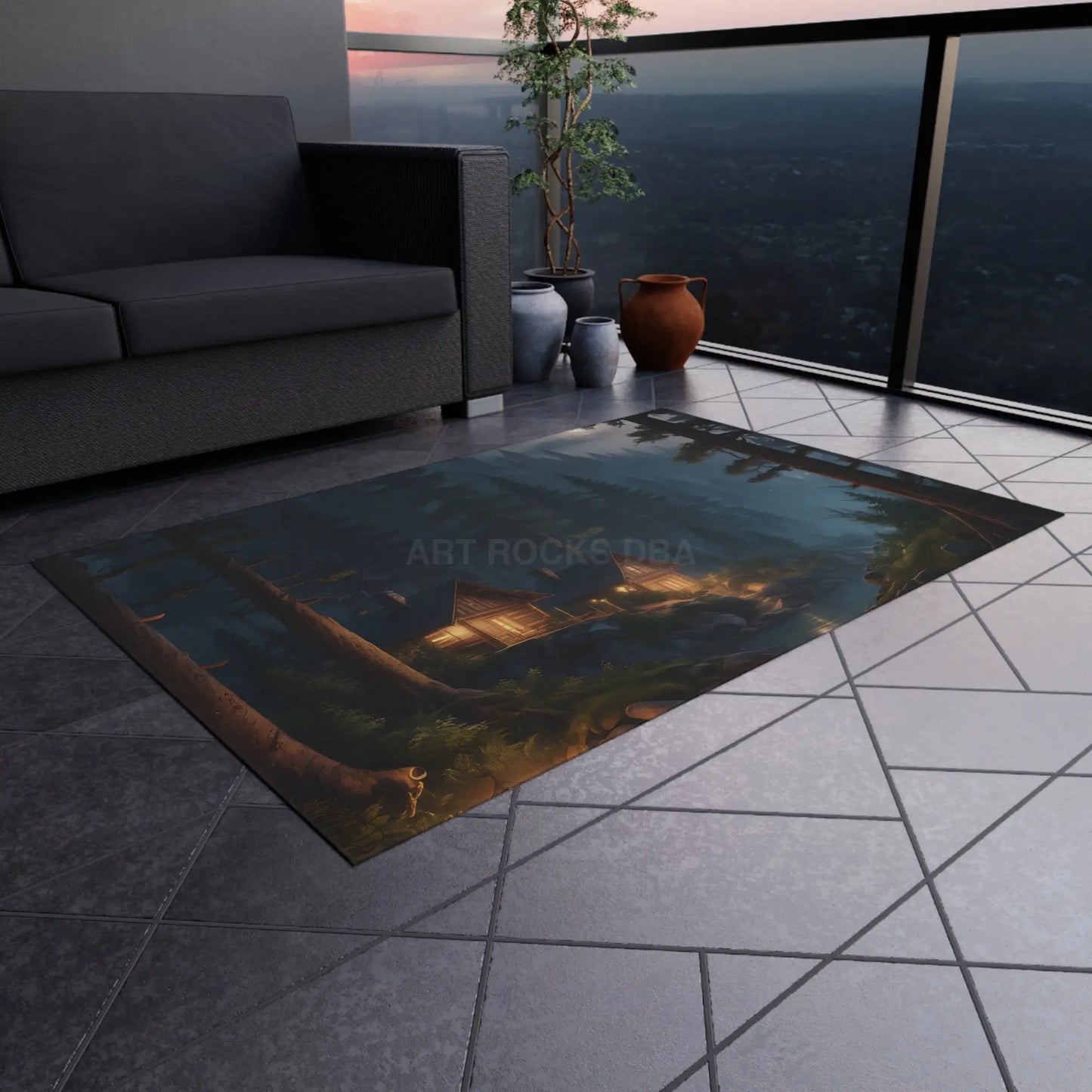 Cozy Cabin At Night Outdoor Rug Camping Decor Nature Inspired Mat Home Patio Accessory Rustic Outdoor Living - Home