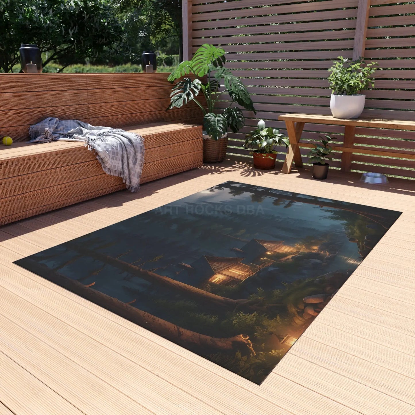 Cozy Cabin At Night Outdoor Rug Camping Decor Nature Inspired Mat Home Patio Accessory Rustic Outdoor Living - Home