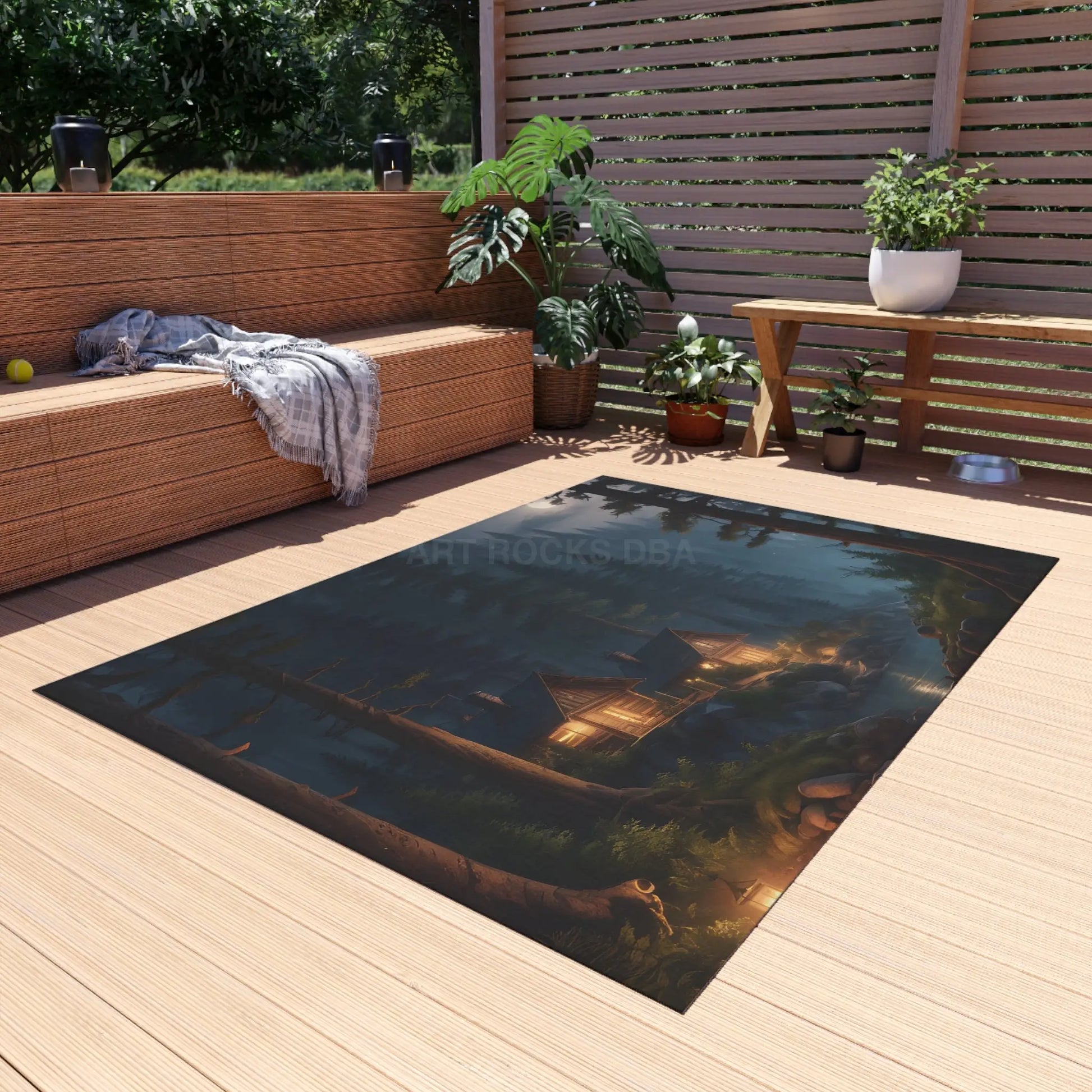 Cozy Cabin At Night Outdoor Rug Camping Decor Nature Inspired Mat Home Patio Accessory Rustic Outdoor Living - Home