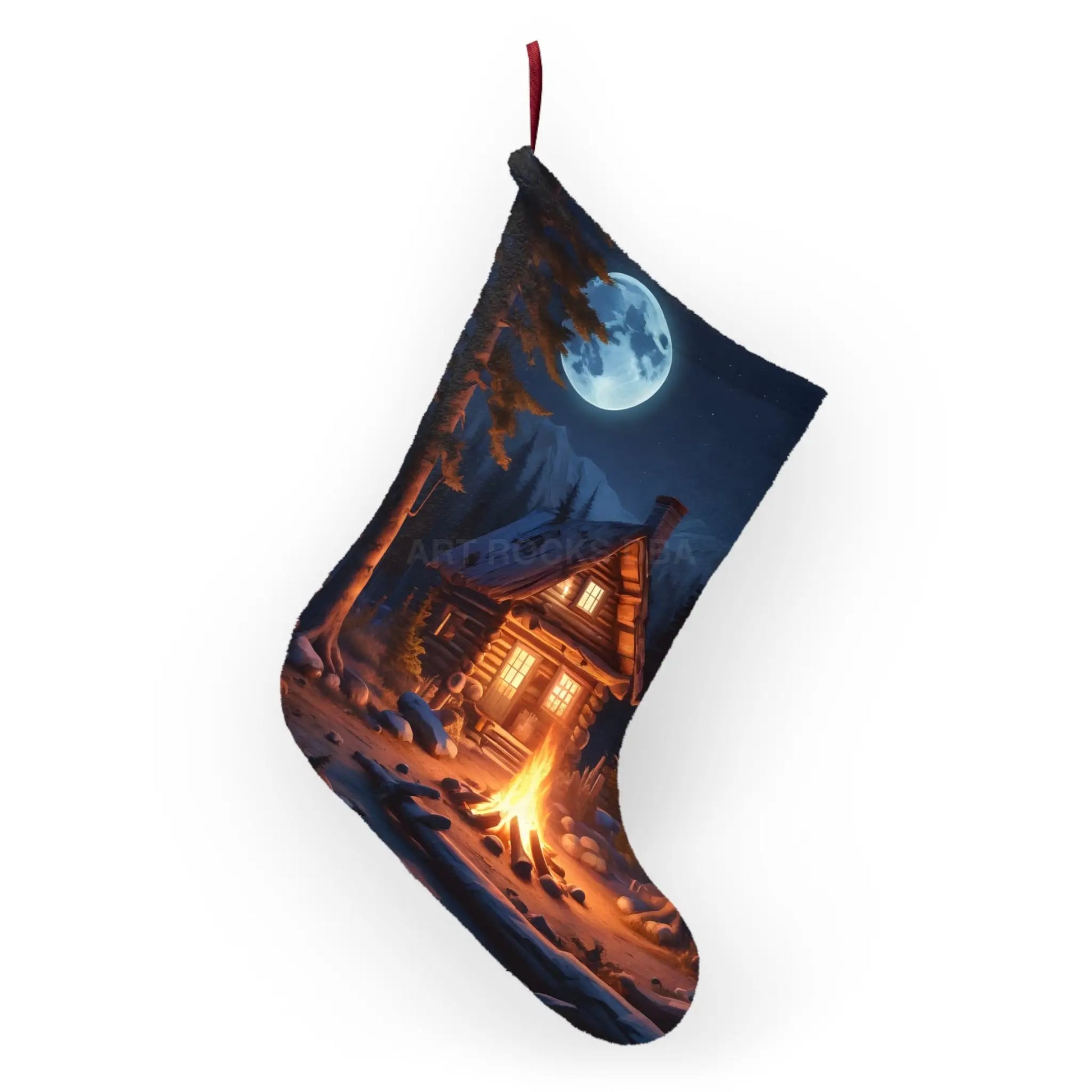 Cozy Cabin Christmas Stocking – Moonlit Campfire Holiday Stocking - One size - Home Decor