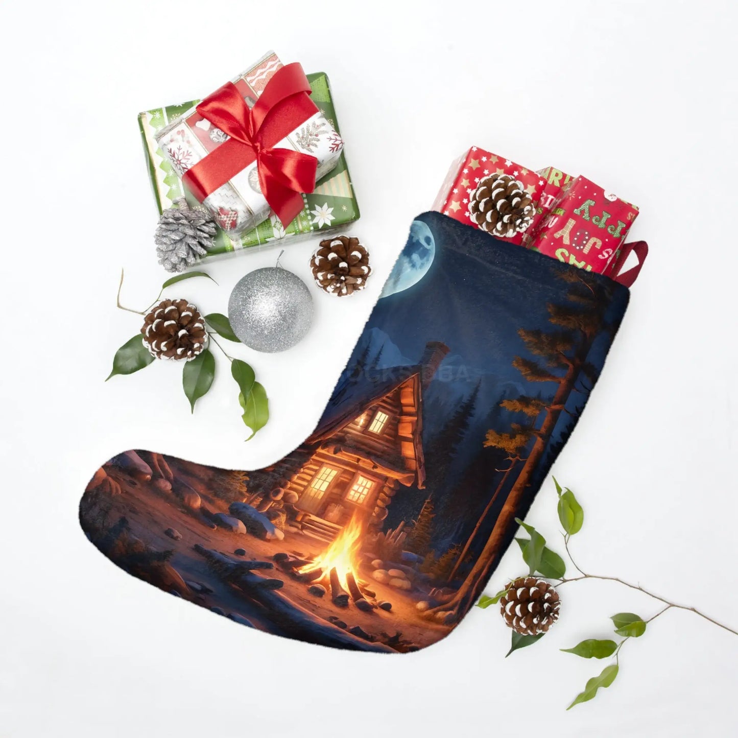 Cozy Cabin Christmas Stocking – Moonlit Campfire Holiday Stocking - One size - Home Decor
