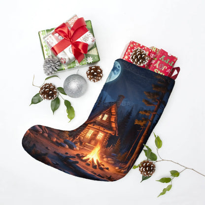 Cozy Cabin Christmas Stocking – Moonlit Campfire Holiday Stocking - One size - Home Decor