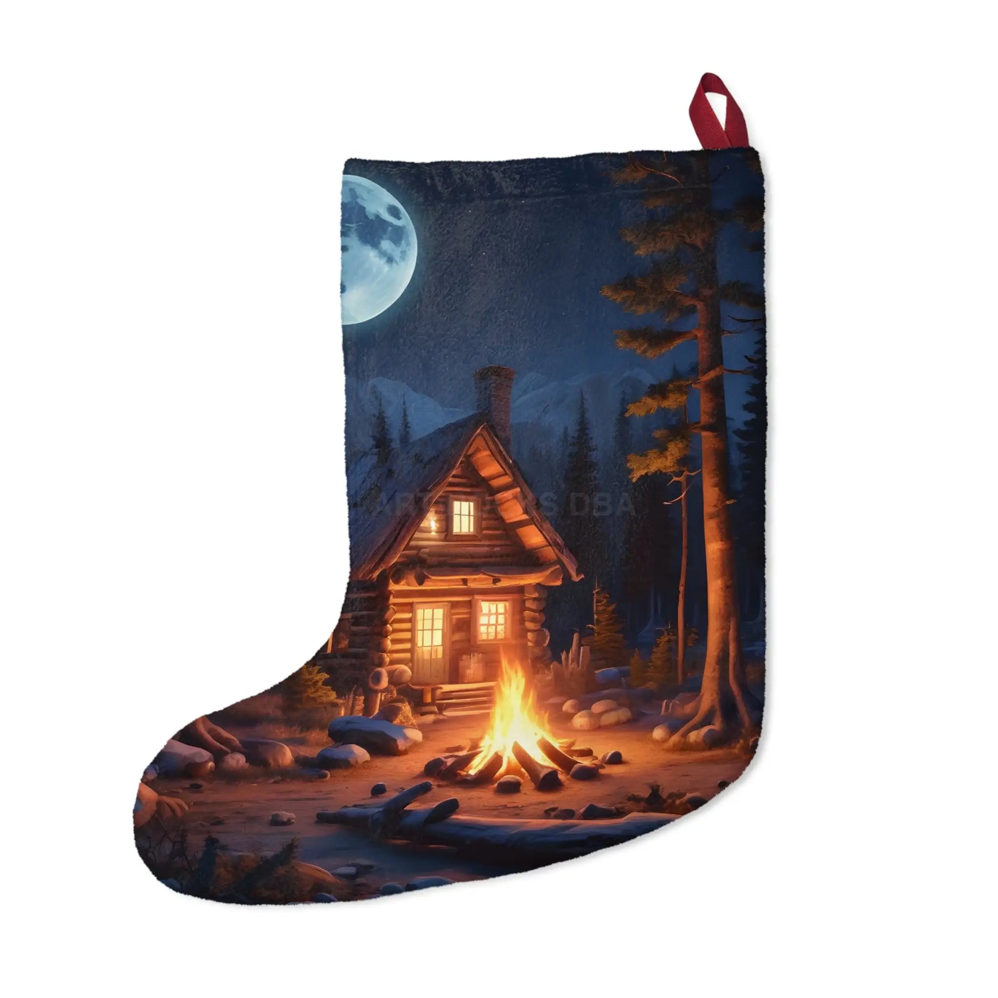 Cozy Cabin Christmas Stocking – Moonlit Campfire Holiday Stocking - One size - Home Decor