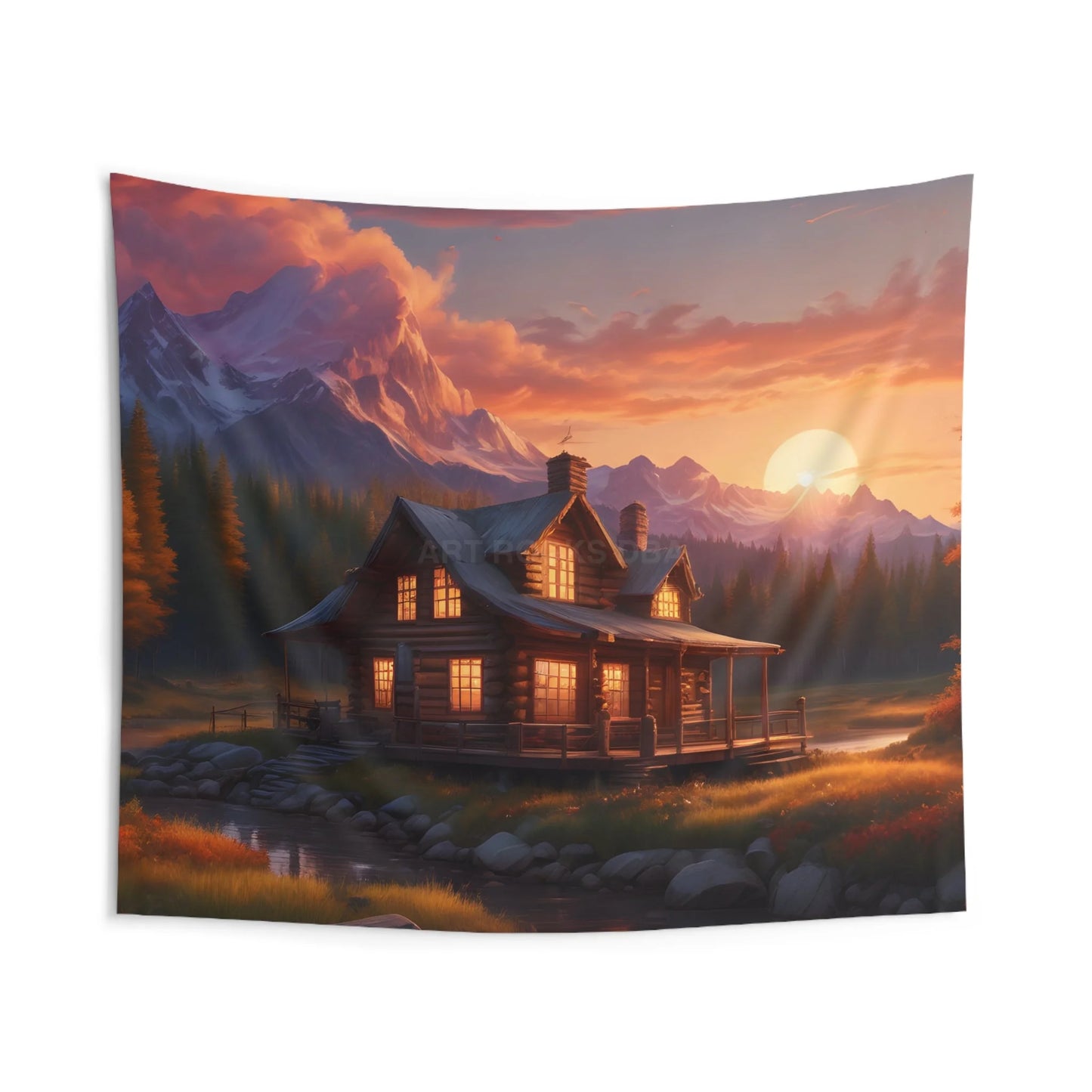 Cozy Cabin Sunset Wall Tapestry - Rustic Home Decor Boho Bedroom Wall Art Nature Landscape Tapestry Cozy Living Room