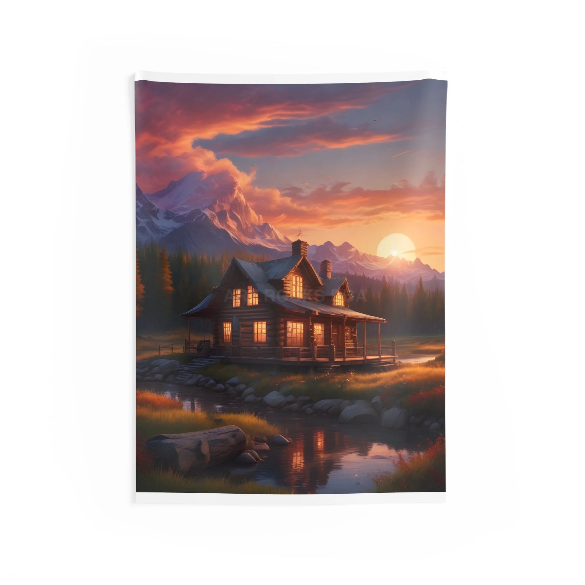Cozy Cabin Sunset Wall Tapestry - Rustic Home Decor Boho Bedroom Wall Art Nature Landscape Tapestry Cozy Living Room