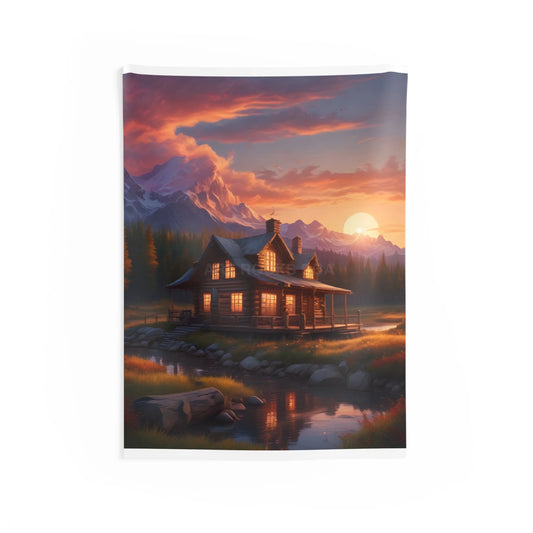 Cozy Cabin Sunset Wall Tapestry - Rustic Home Decor Boho Bedroom Wall Art Nature Landscape Tapestry Cozy Living Room